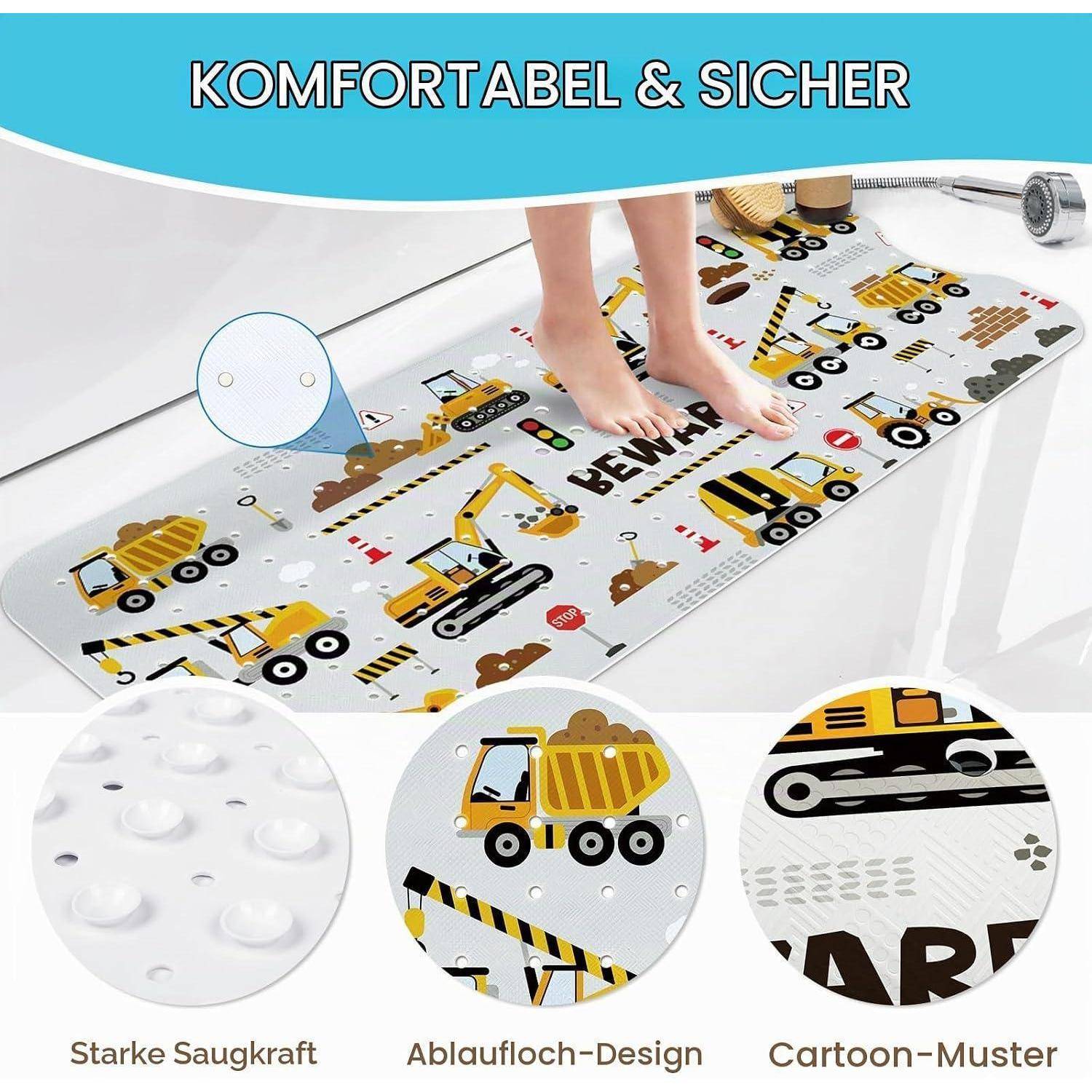 Badeteppich für Babys mit gelben Baufahrzeugen und deutschem Text „KOMFORTABEL & SICHER