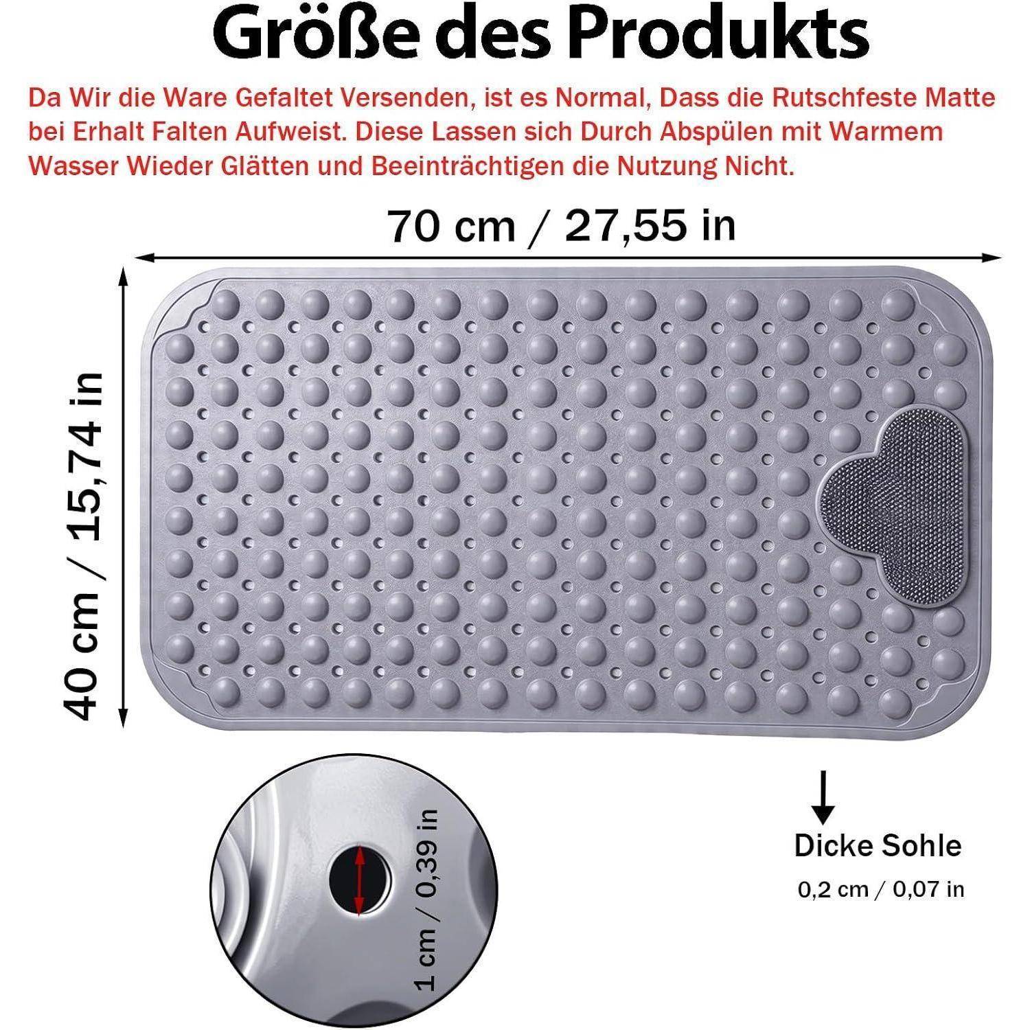Diagramm zeigt Produktgröße einer grauen rutschfesten Matte: 70 cm x 40 cm, Dicke 0,2 cm; strukturierte Oberfläche mit Saugnäpfen und einer seitlichen Aussparung.