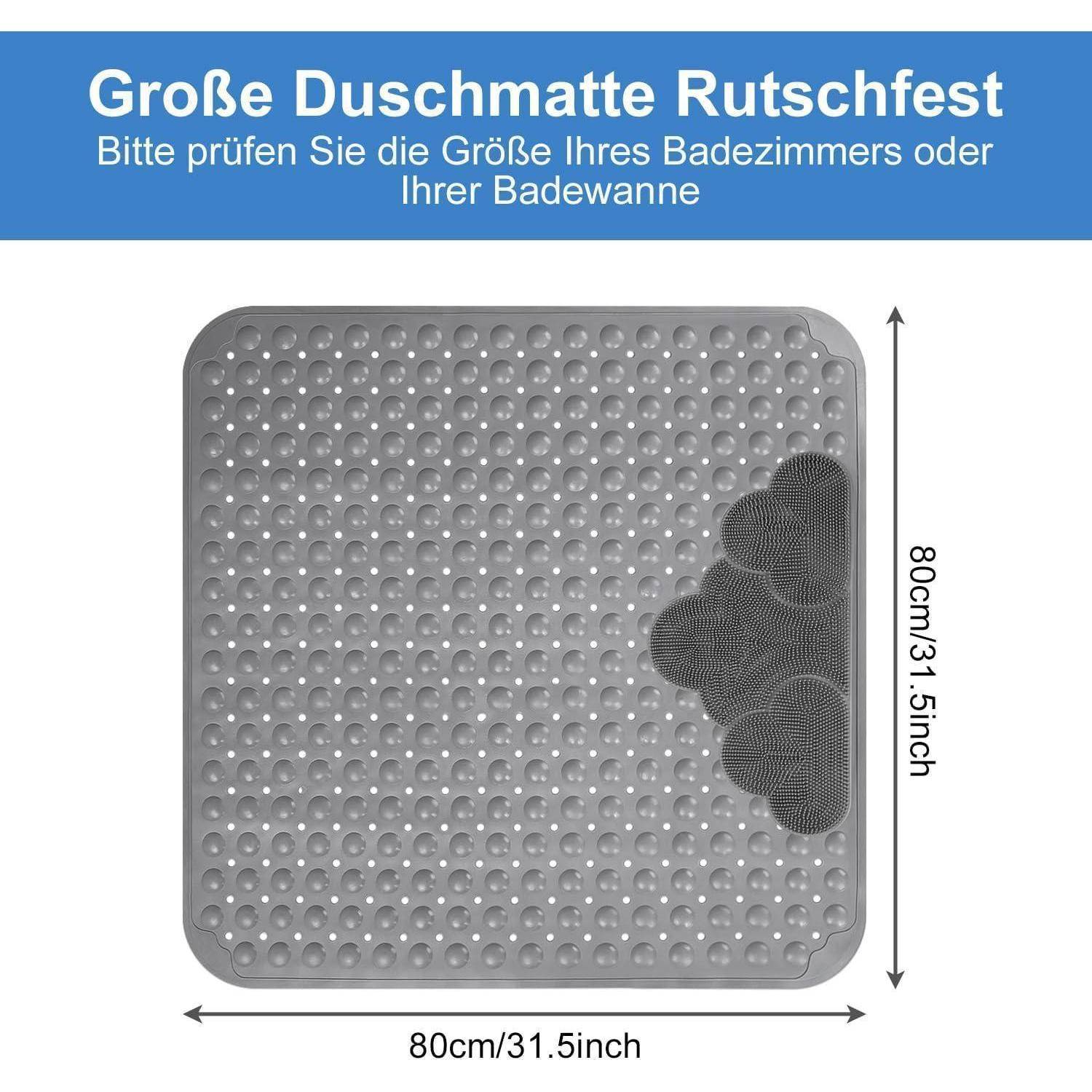 Quadratische graue rutschsichere Badewannenmatte, 80 cm x 80 cm, mit Saugnäpfen; deutsche Textnotizen zur Überprüfung der Badezimmer- oder Badewannengröße.