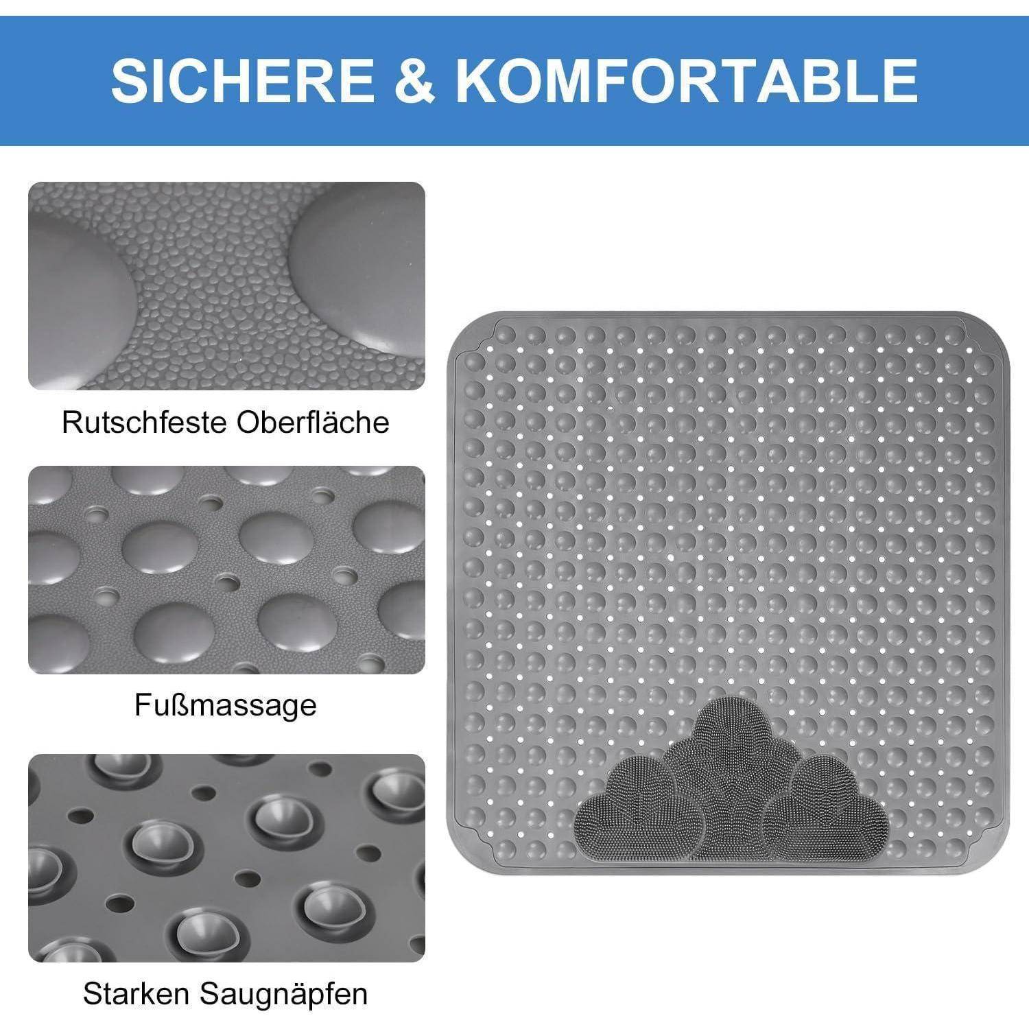 Deutsches Werbebild einer grauen Badematte mit rutschfester strukturierter Oberfläche und Saugnäpfen, beschriftet mit „Sichere & komfortable