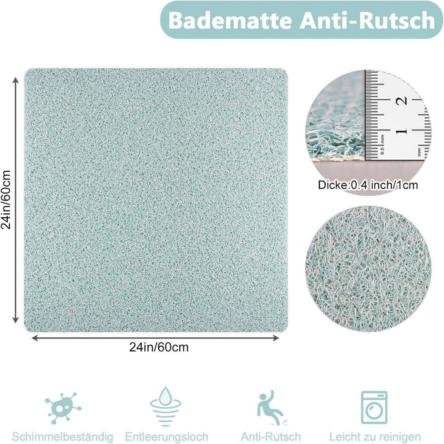 Quadratische Antirutschmatte, 24 x 24 Zoll (60 x 60 cm), 0,4 Zoll dick, dargestellt mit Nahaufnahme der Textur sowie Symbolen für Reinigung, Drainage und Schimmelresistenz.