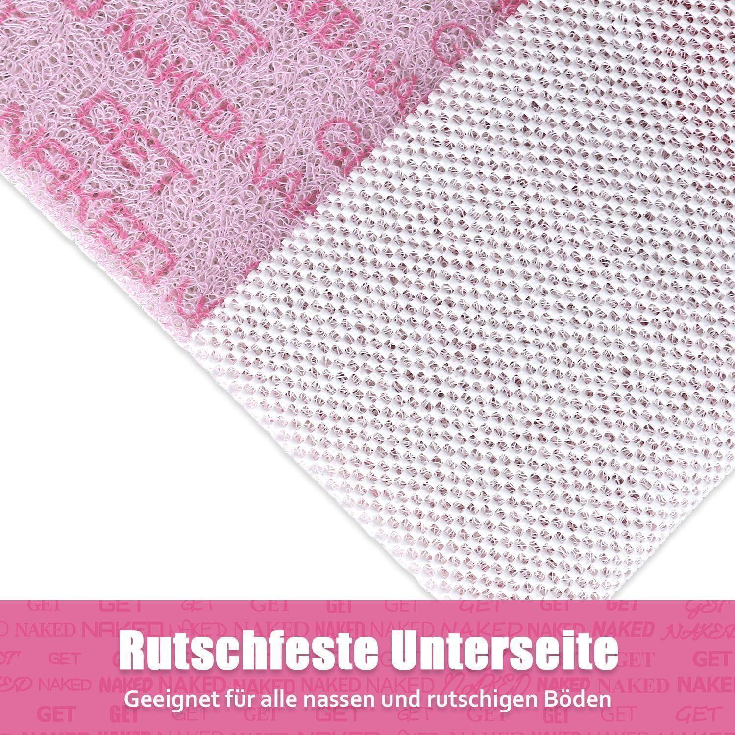 Rosa strukturierte Matte mit rutschfester gepunkteter Unterseite; deutscher Text lautet „Rutschfeste Unterseite