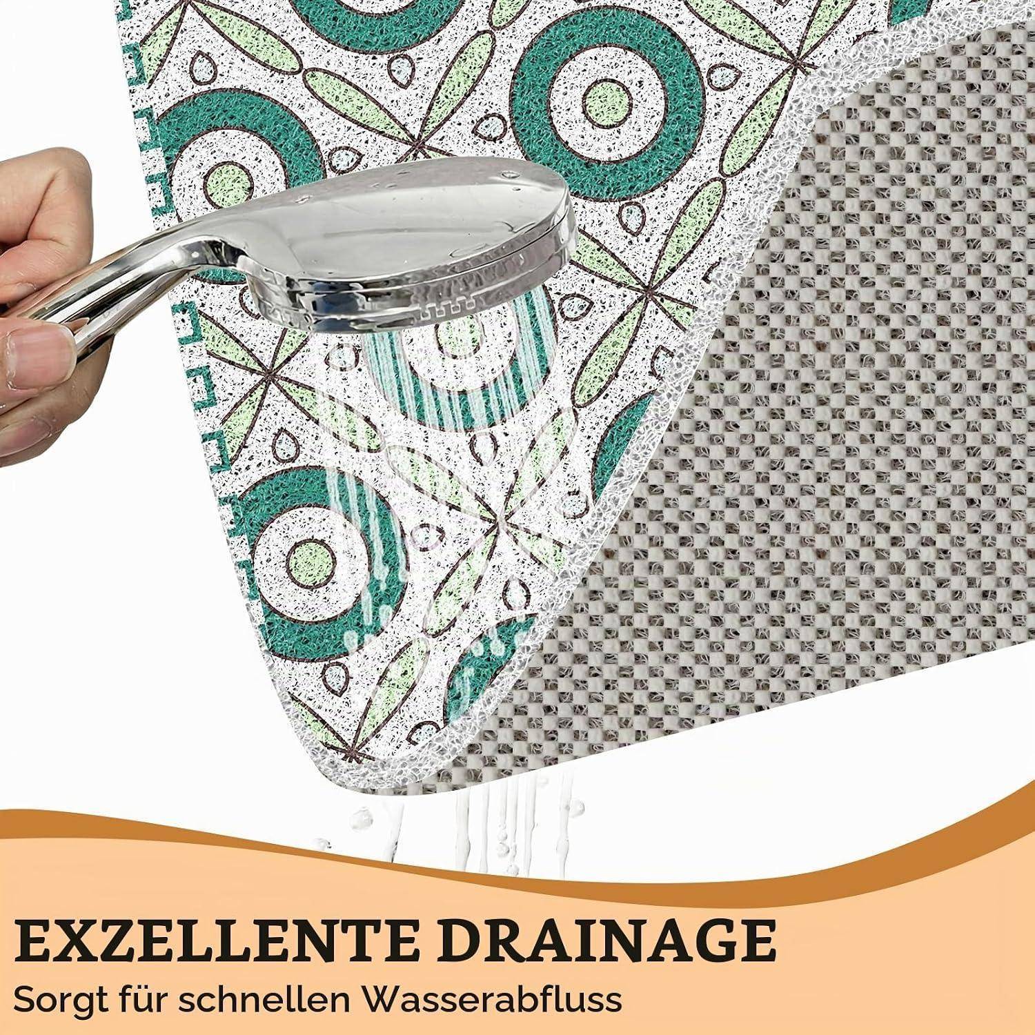 Hand hält einen Duschkopf, der Wasser auf eine strukturierte Matte sprüht, wobei 'EXZELLENTE DRAINAGE' und 'Sorgt für schnellen Wasserabfluss' hervorgehoben werden.