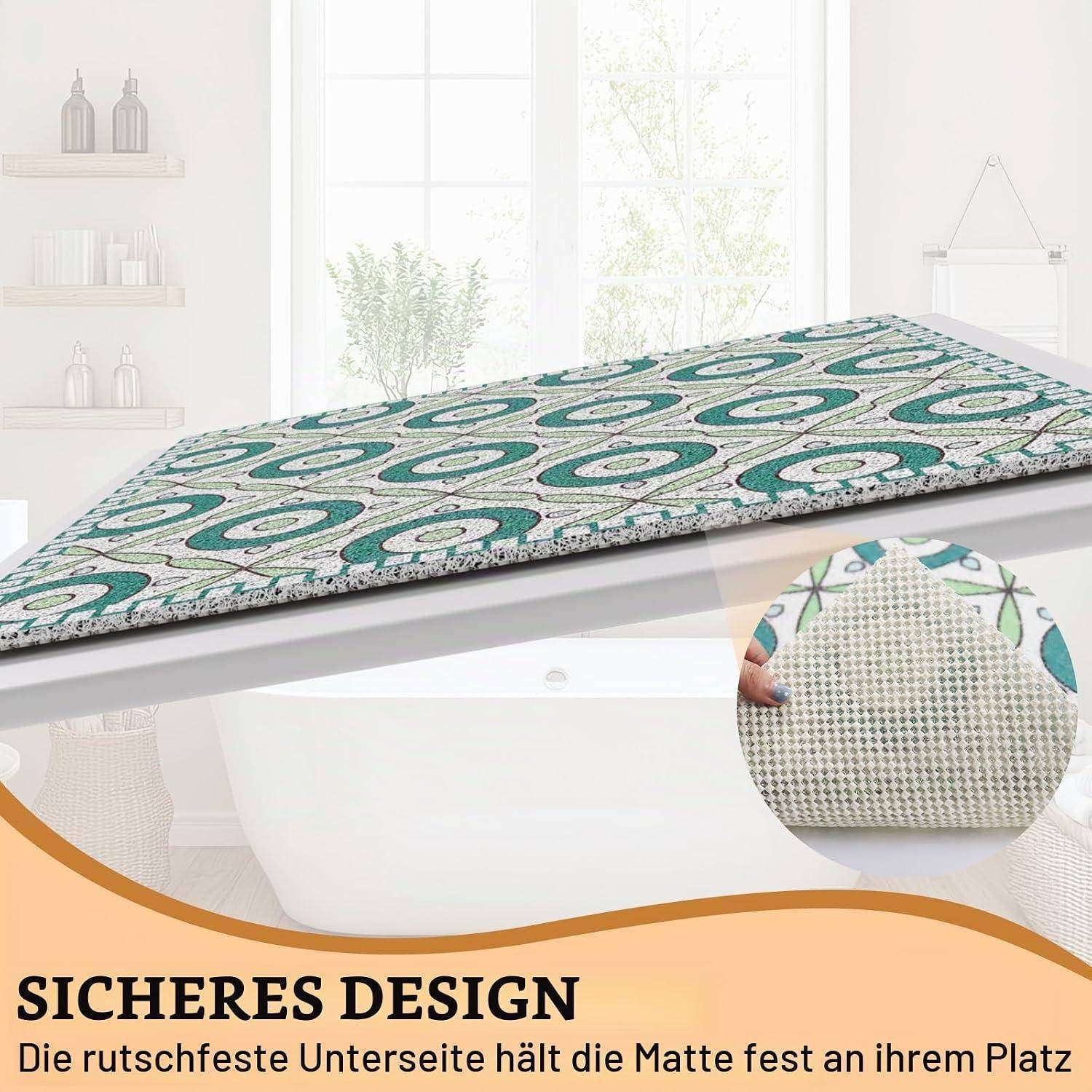 Gemusterter Anti-Rutsch-Matte auf einer Bett- oder Sofakissen, gezeigt mit einer Nahaufnahme der griffigen Unterseite und deutschem Text „SICHERES DESIGN