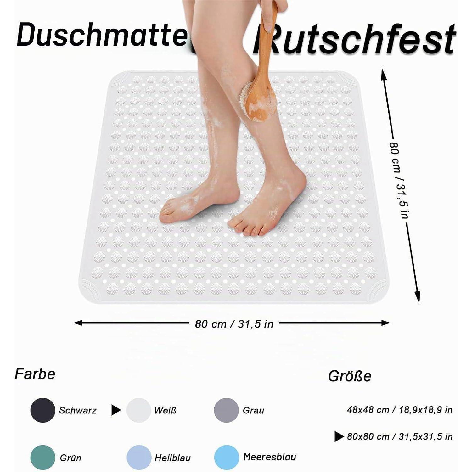 Rutschfeste Duschenmatte mit einer Person, die auf einer weißen 80 x 80 cm großen Matte duscht; erhältlich in Schwarz, Weiß, Grau, Grün, Hellblau und Meeresblau.