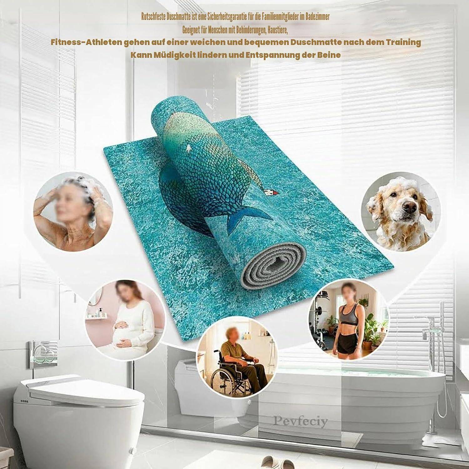 # Werbung für eine strukturierte blaue Yogamatte in einem hellen Badezimmer, mit deutschem Text, der behauptet, dass sie Beinermüdung nach dem Sport lindert; kreisförmige Fotos zeigen Menschen, die sich entspannen, Schwangere, Menschen mit Behinderungen und einen Hund.
