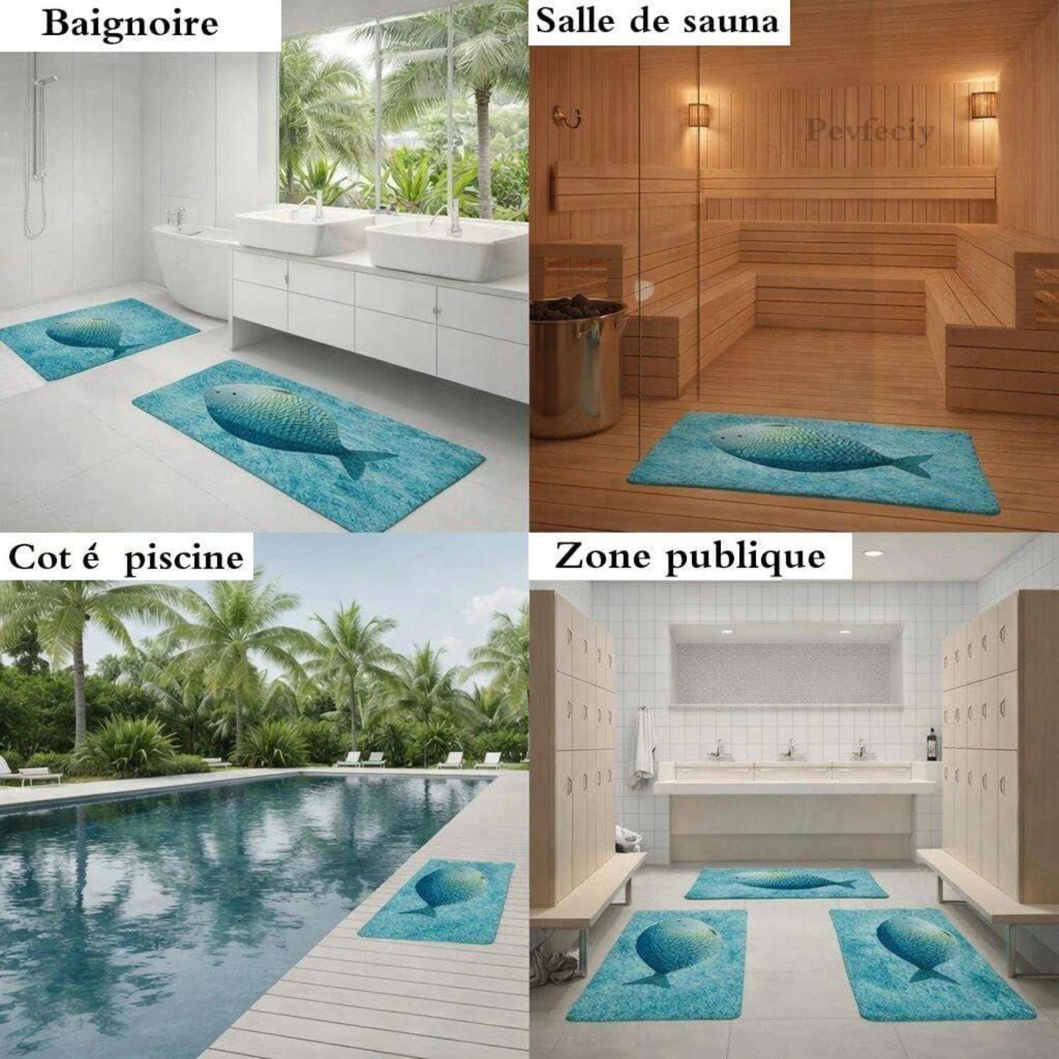 Collage mit blauen Fußmatten mit Fischmuster in einem Badezimmer, einer Sauna, einem Pooldeck und einer öffentlichen Umkleideraum, beschriftet auf Französisch.