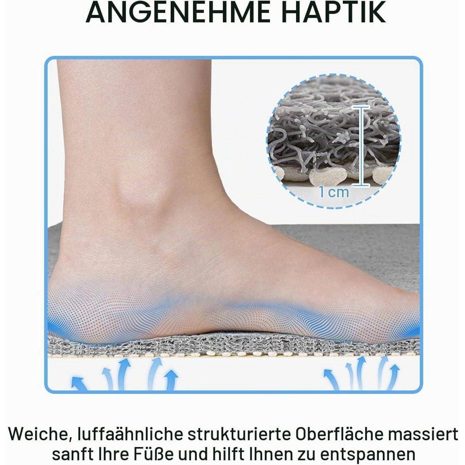 Fuß auf einer weichen, luftähnlich strukturierten Oberfläche, die den Fuß massiert und die Zirkulation von Wärme und Feuchtigkeit ermöglicht; Ausschnitt zeigt 1 cm Oberflächenstruktur.
