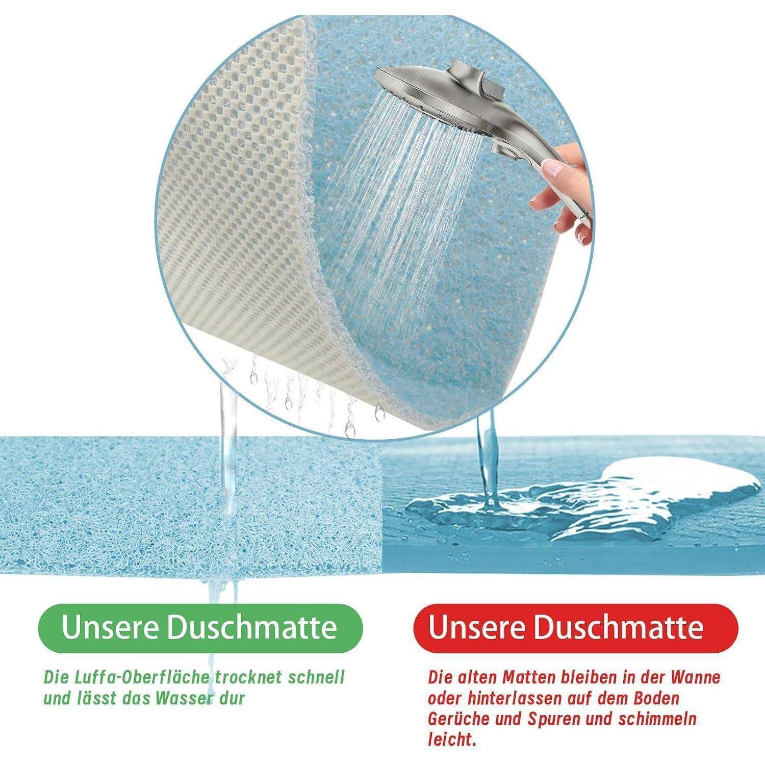 Vergleich zweier Badematten: Die grüne Matte entwässert und trocknet schnell, während die rote Matte Wasser speichert, was zu Geruchsbildung, Schimmel und Rutschgefahr führt.
