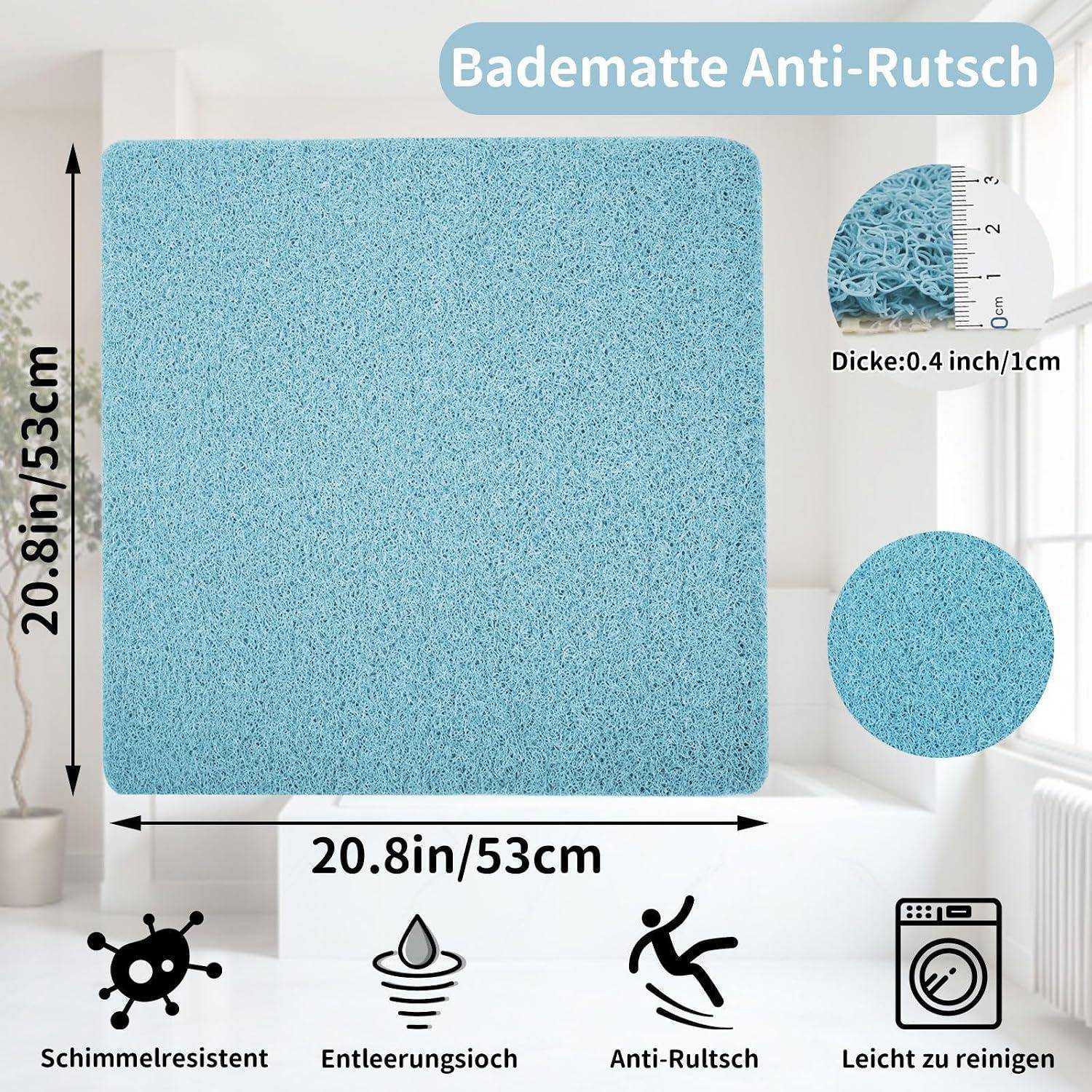 Hellblaue rutschfeste Badematte aus quadratischem Material, 20,8 x 20,8 Zoll (53 x 53 cm), 0,4 Zoll dick, mit folgenden Eigenschaften: schimmelhemmend, schnell ableitend, rutschfest, leicht zu reinigen.