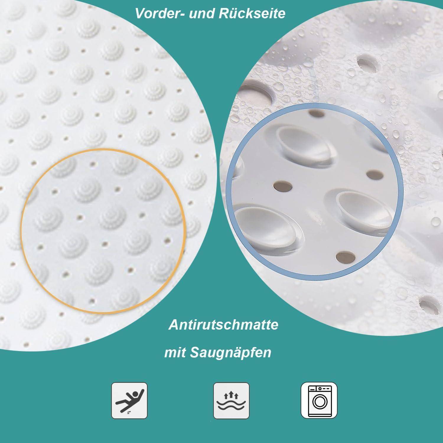 Vorder- und Rückseite einer Antirutschmatte mit Saugnäpfen, mit Nahaufnahmen der strukturierten Oberfläche und der Saugnäpfe.