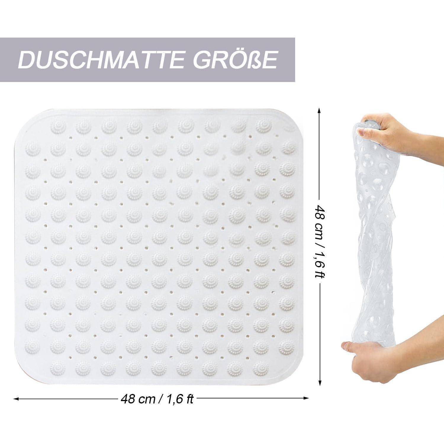 Quadratische weiße Duschenmatte mit Saugnäpfen, beschriftet mit „DUSCHMATTE GRÖßE