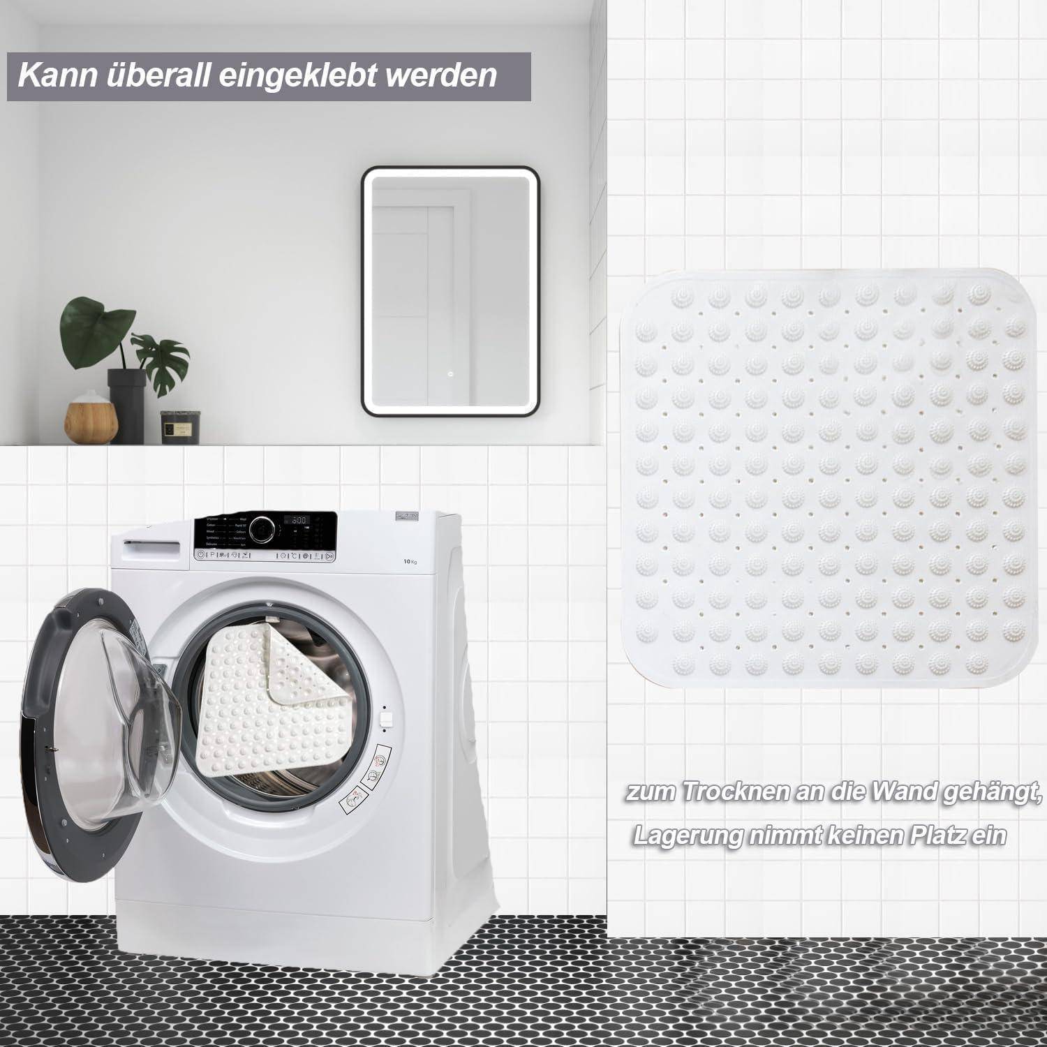 Weiße gesteppte Matte in einem Badezimmer-/Waschbereich dargestellt, hängend an einer Wand und in einer Waschmaschine platziert; deutscher Text besagt, dass sie überall angebracht werden kann, an der Wand trocknet und keinen Platz einnimmt.