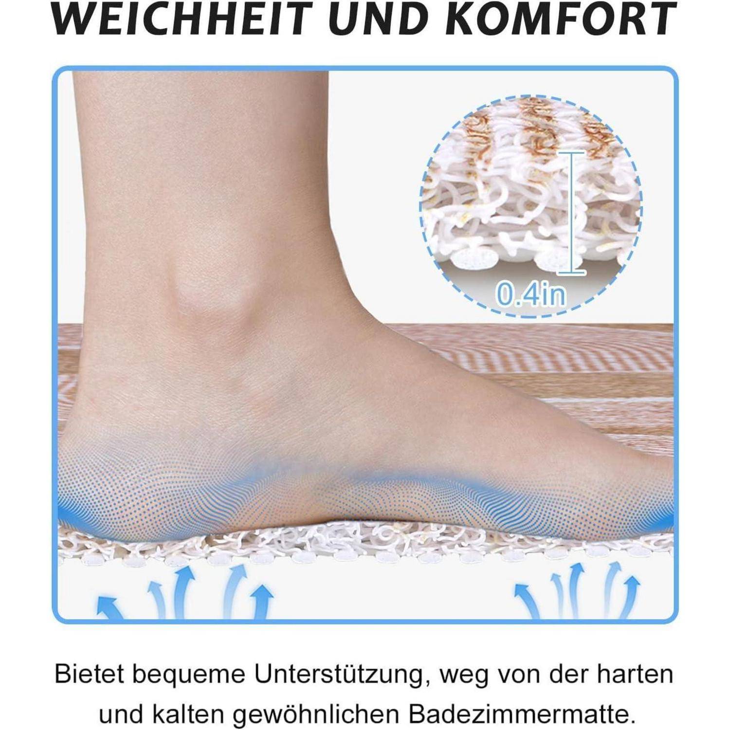 Fuß auf gepolstertem Badezimmerteppich, der sanfte Unterstützung und Komfort zeigt; Ausschnitt zeigt 0,4 Zoll dicke Polsterung.