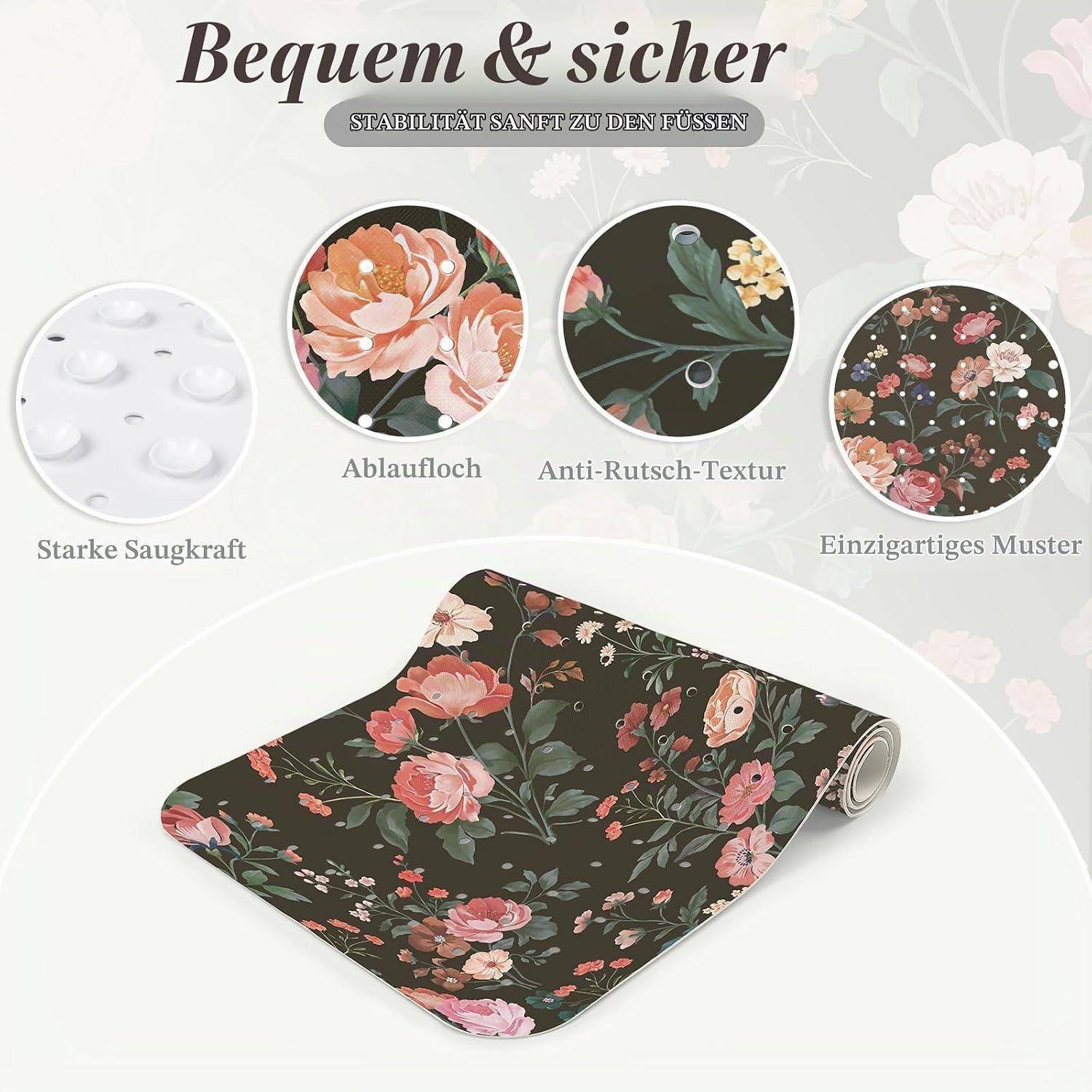 Blumenmuster Antirutsch-Badmatte mit Saugnäpfen und Drainagebohrungen, gekennzeichnet als angenehm und sicher mit starker Saugkraft und einzigartigem Muster.