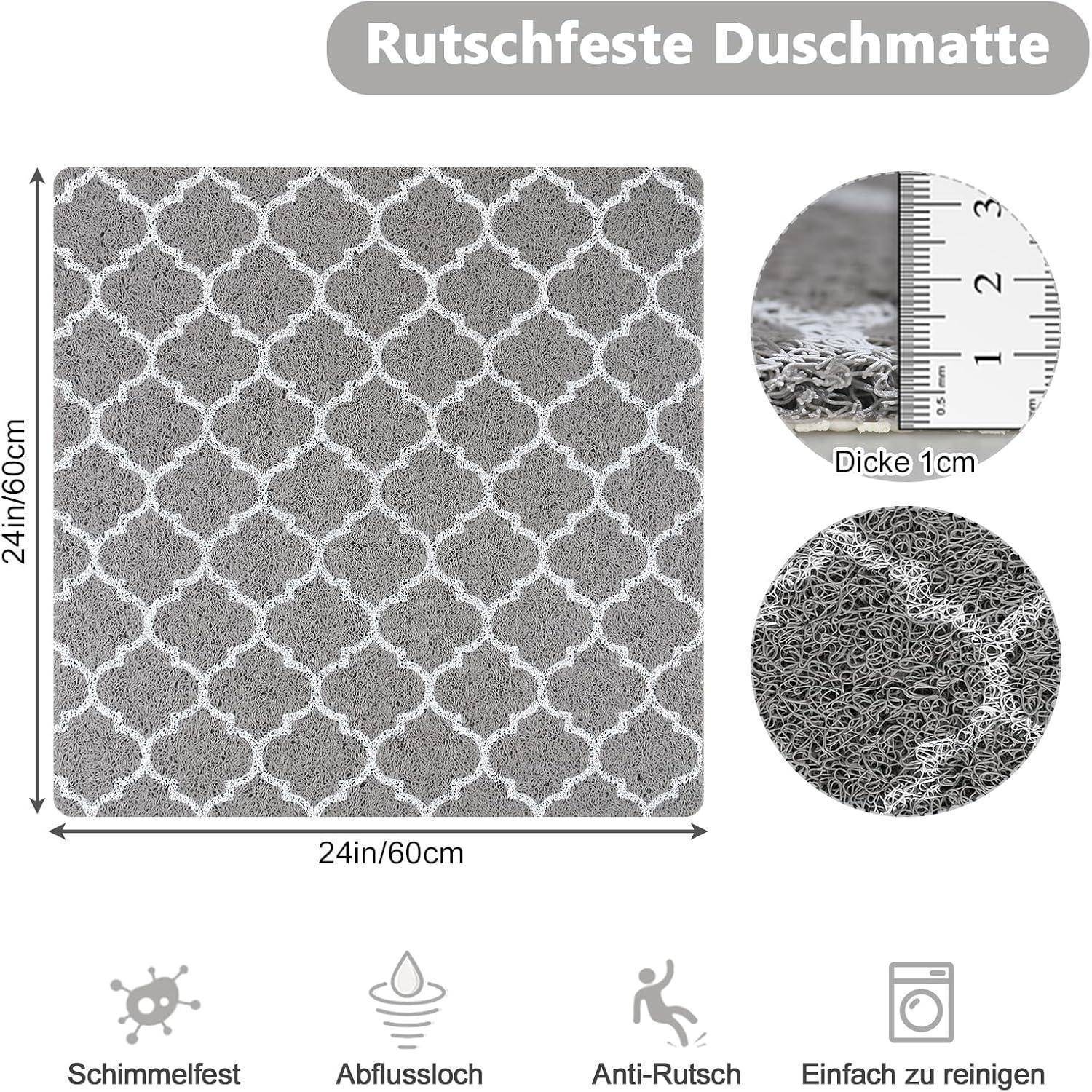 Grauer 24 x 24 Zoll rutschfester Türmatte mit Gittermuster, 1 cm dick, gekennzeichnet als leicht zu reinigen, wasserdurchlässig, schimmelresistent und rutschsicher.