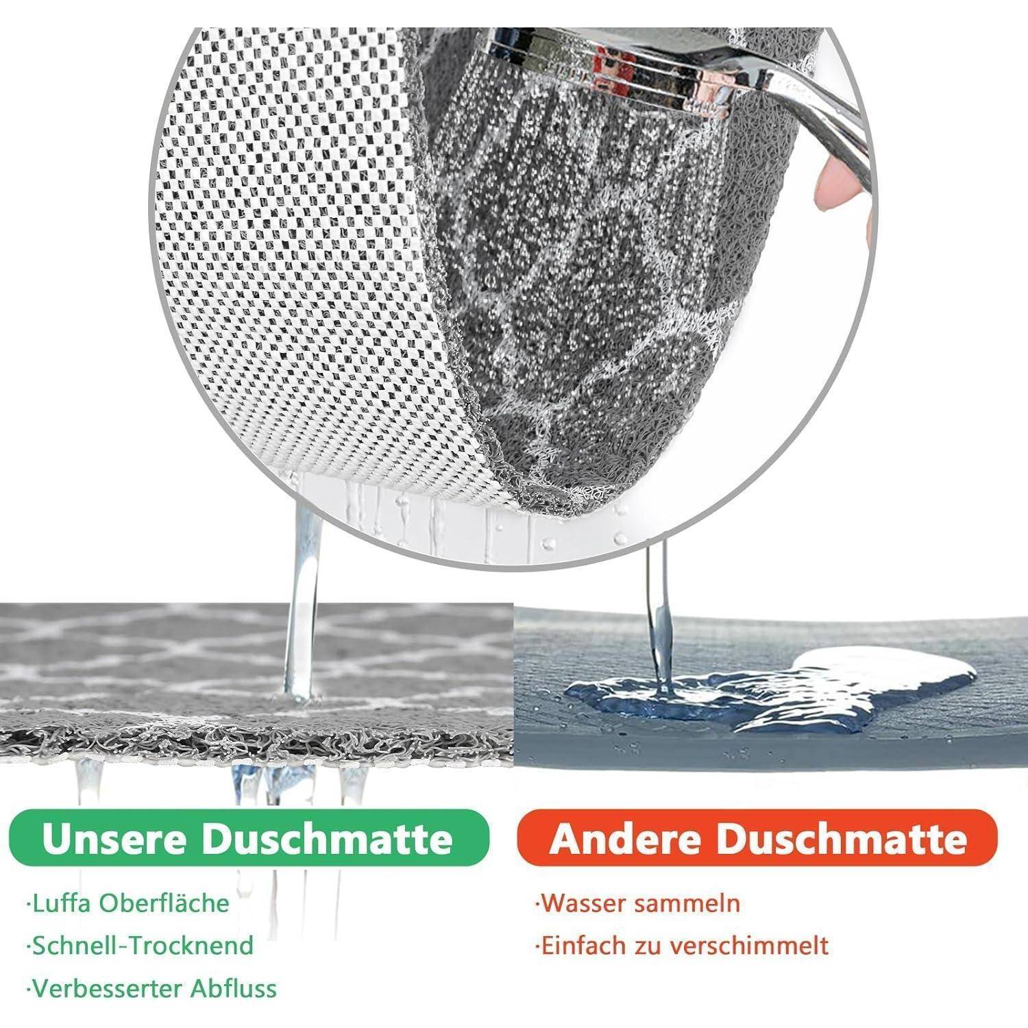 Vergleichsbild von Duschmatte showing eine mit perforierter, schnell trocknender Oberfläche und besserer Entwässerung gegenüber einer anderen, die Wasser sammelt und leicht schmutzig wird.