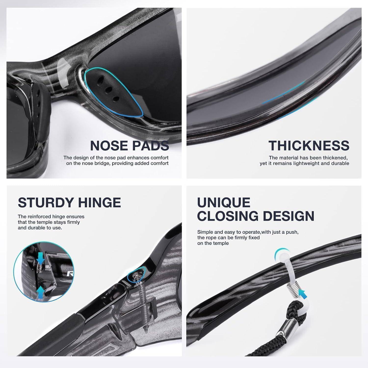 Vierpanel-Infografik zu den Merkmalen von Brillen: Nasenpads für Komfort, dünnes und dennoch robustes Gestell, robustes Scharnier und Push-to-Close-Bügel-Design.