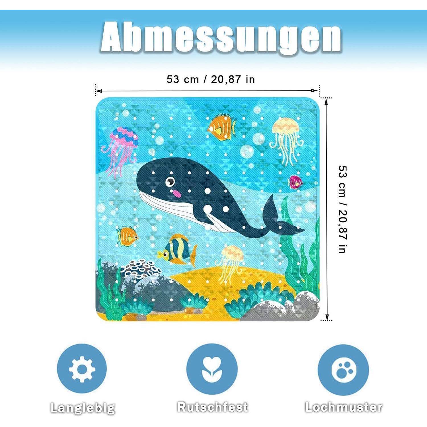 Quadratischer Kinderteppich mit Wal und Meereslebewesen, beschriftet mit „Abmessungen