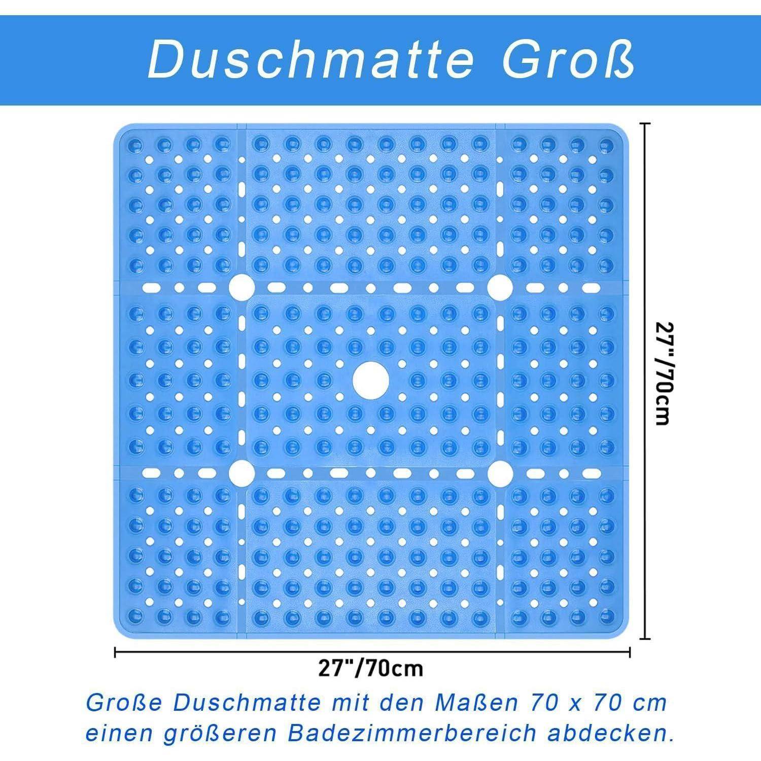 Blaukarierter Duschvorleger mit der Aufschrift „Duschmatte Groß