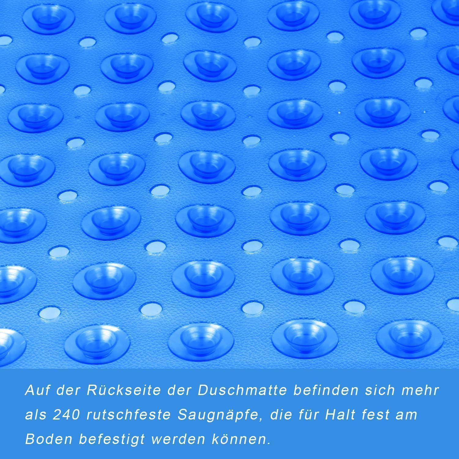 Blaue Duschmatte mit vielen Saugnäpfen; die Beschriftung besagt, dass die Rückseite mehr als 240 rutschfeste Saugnäpfe hat, um sie fest auf dem Boden zu halten.