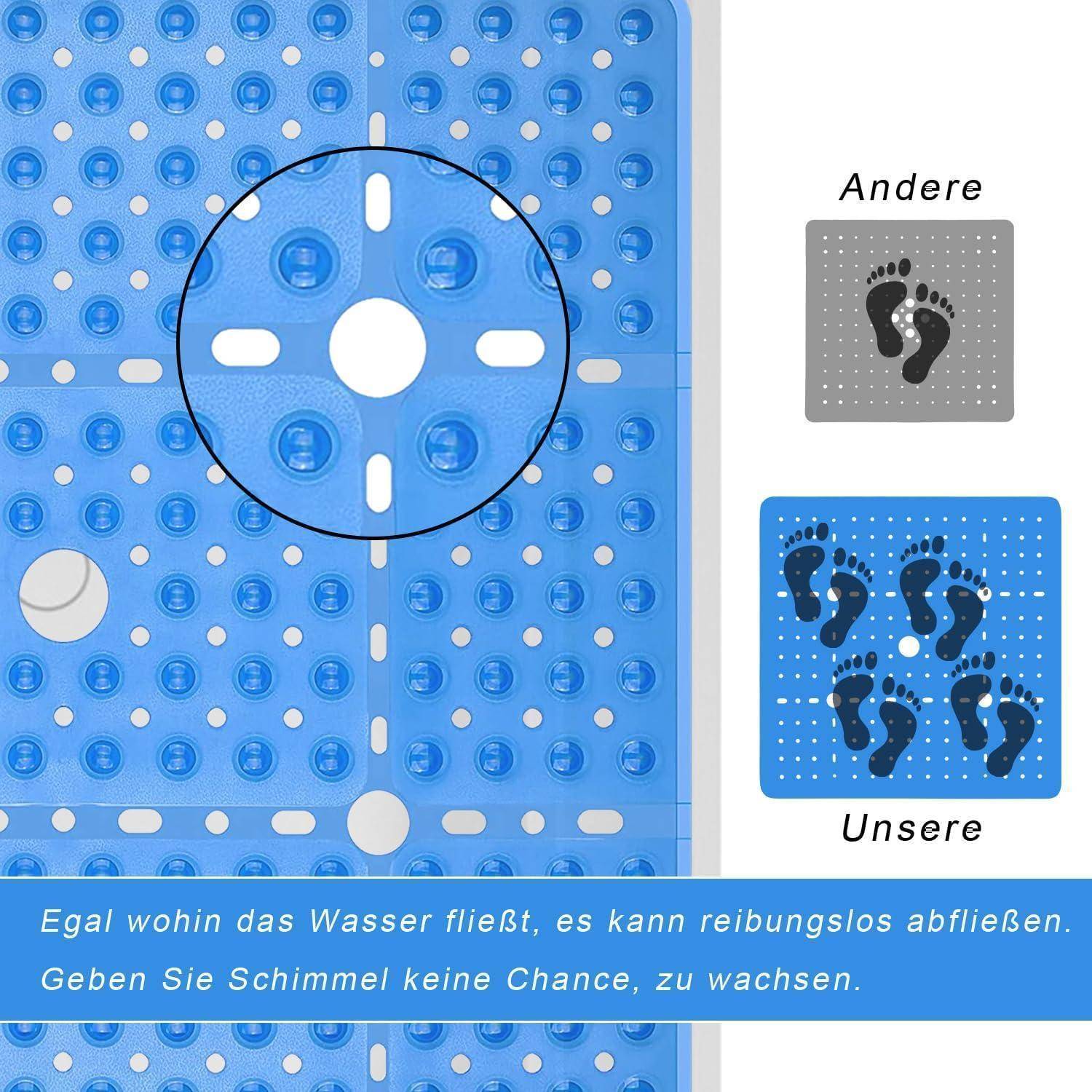 Grafik eines blauen Anti-Schimmel-Badezimmerwandpaneels, das Wasserabzugslöcher zeigt, mit Beschriftungen „Andere