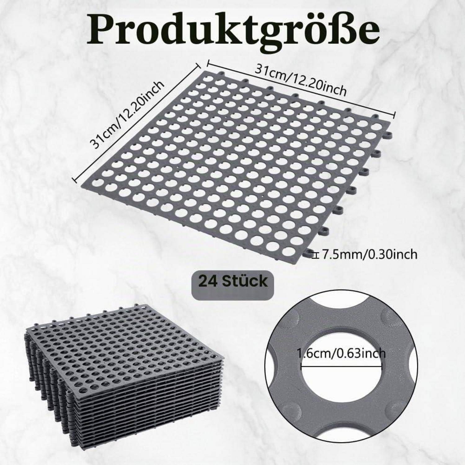 Produktgrößendiagramm für eine perforierte verschlungene Matte: 31 cm x 31 cm, 7,5 mm dick, Packung mit 24 Stück, mit 1,6 cm Lochdurchmesser.