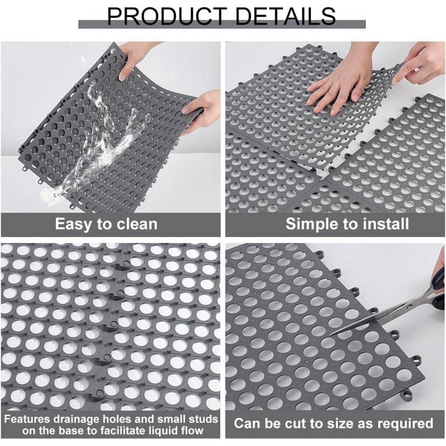 Produktdetails-Collage, die graue verschlungene Drainageplatten zeigt, die gereinigt, installiert, zurechtgeschnitten und mit Drainagelöchern und kleinen Stiften auf der Rückseite verwendet werden.