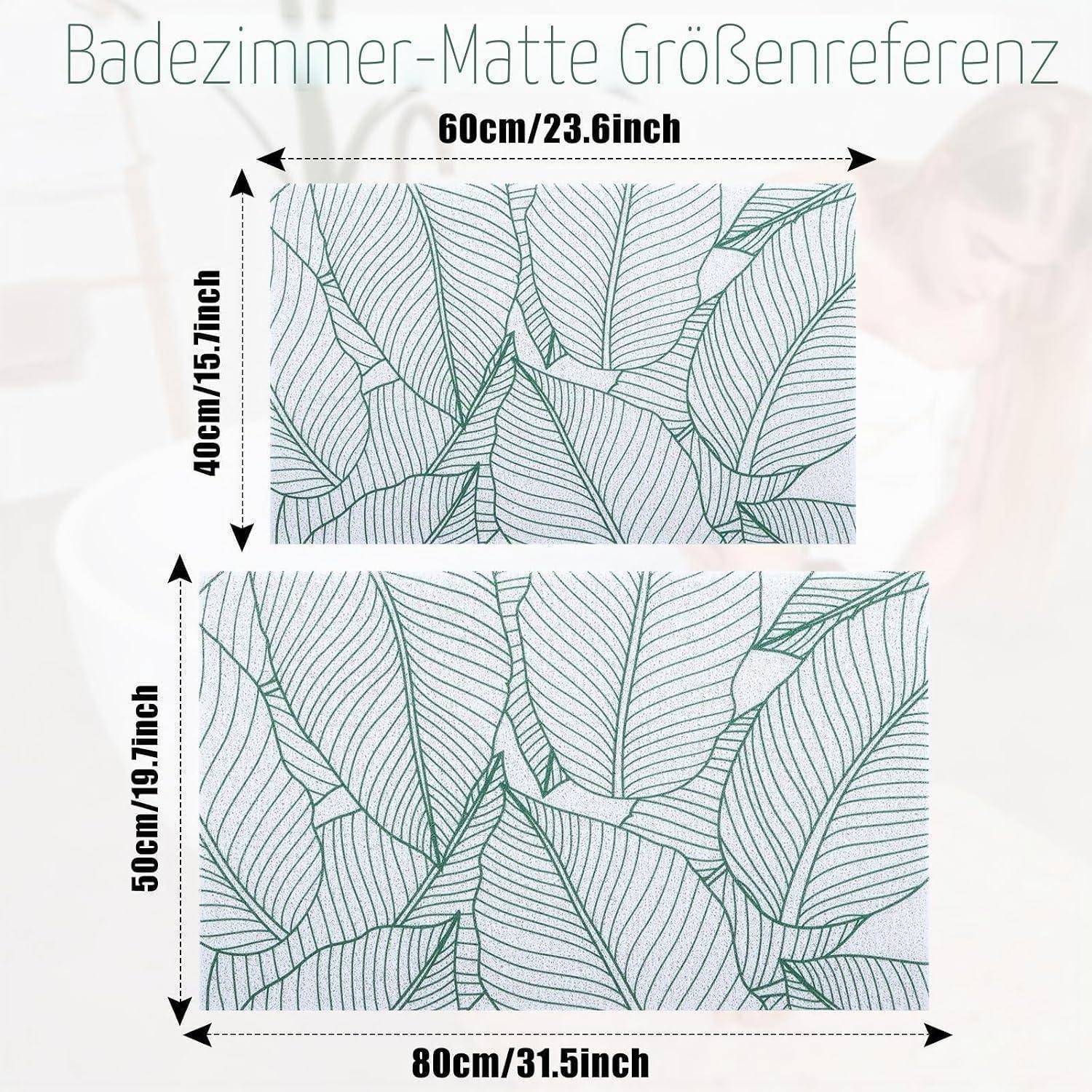 Produktgrößenführer für eine Badezimmermatte mit Blattmuster, die zwei rechteckige Matten zeigt: 60 x 40 cm und 80 x 50 cm.