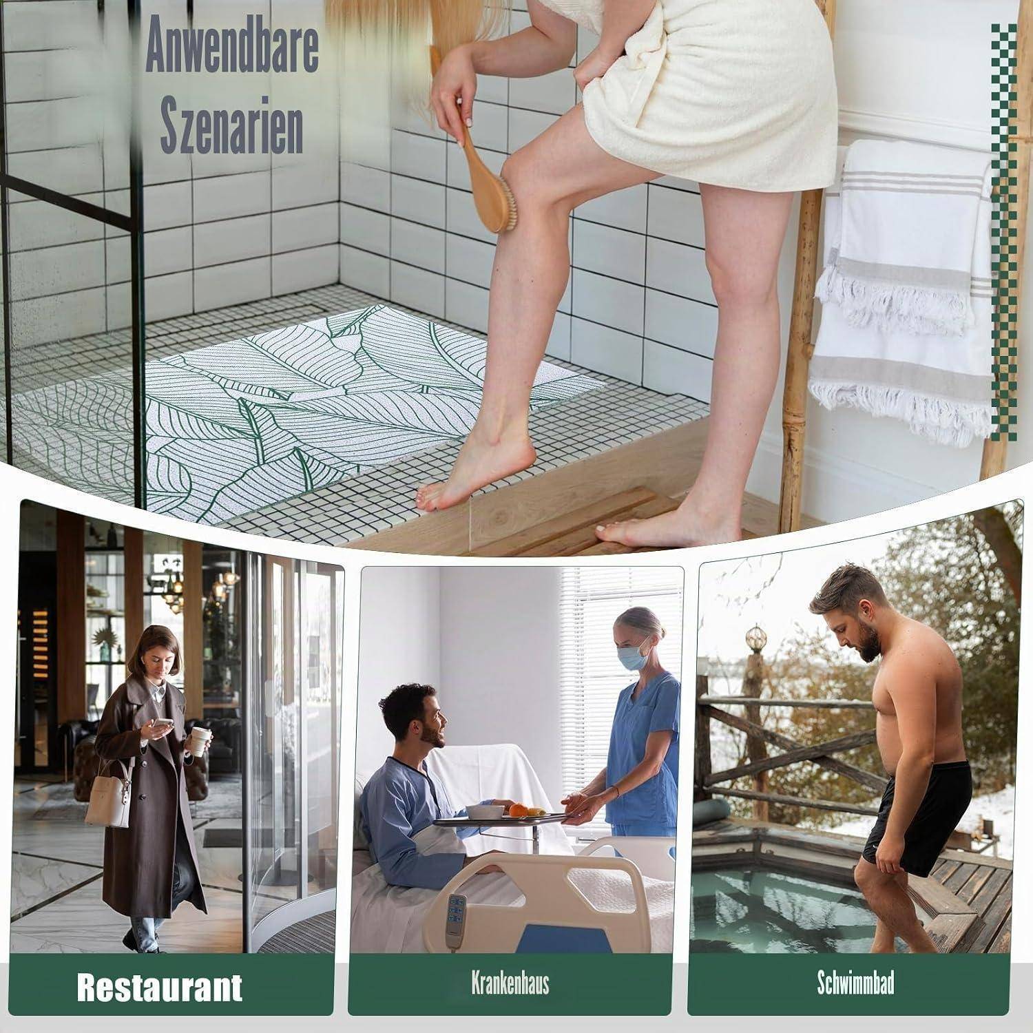 Vierteiliges Collage, das Wellnessorte zeigt: Spa-Behandlung, Restaurant, Krankenzimmer mit Krankenschwester und Patient, und Mann im Schwimmbad.