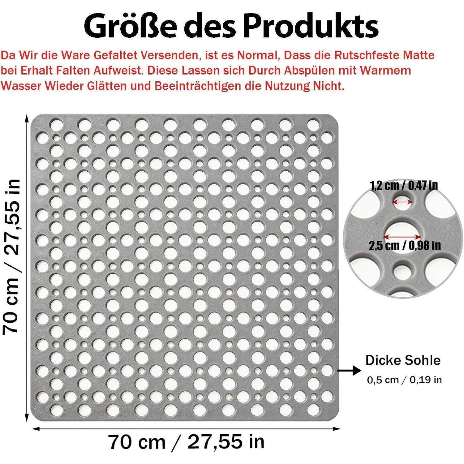 Produktgrößendiagramm einer perforierten grauen Matte, das Abmessungen von 70 cm x 70 cm, eine Dicke von 0,5 cm und Lochgrößen von 12 cm und 2,5 cm zeigt.