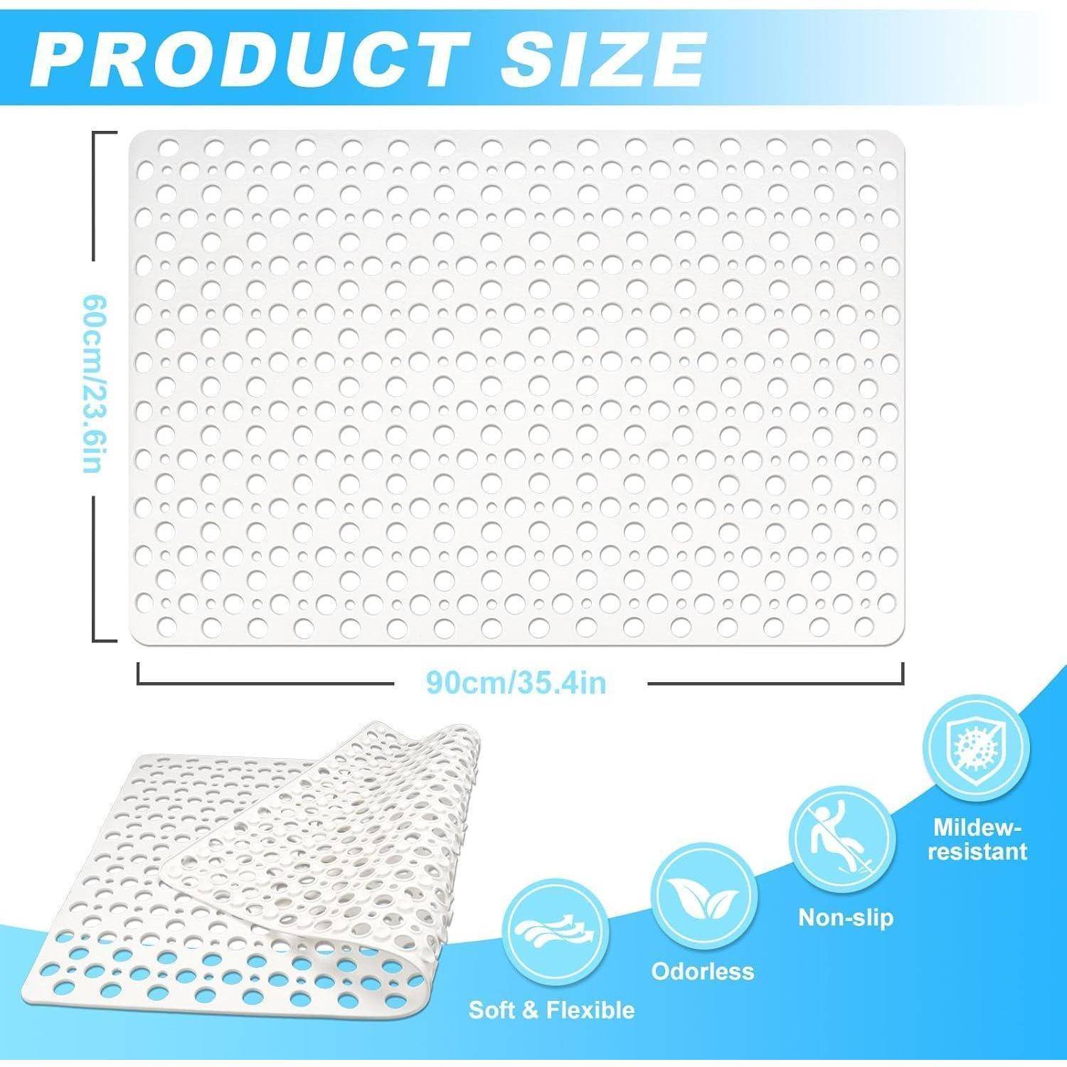 Die Produktgrößendiagramm zeigt eine weiße perforierte Matte mit den Maßen 90 cm × 60 cm mit Symbolen, die die Eigenschaften weich, flexibel, geruchlos, rutschfest und schimmelresistent anzeigen.