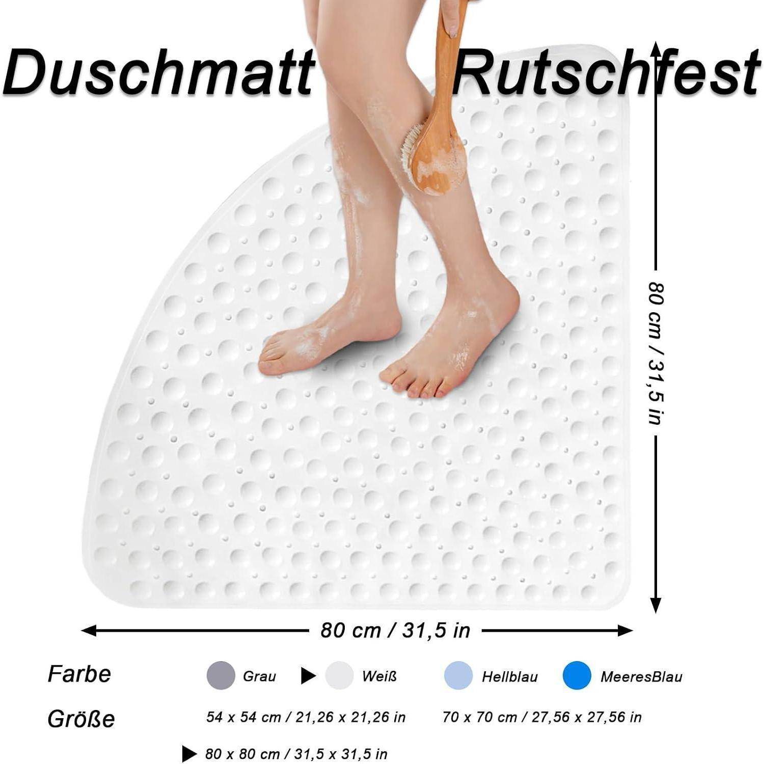 Weiße rutschfeste Duschenmatte, 80 x 80 cm, gezeigt unter den Füßen einer Person, mit aufgelisteten Größen- und Farboptionen.