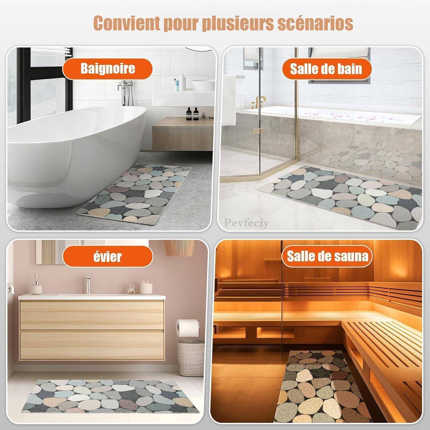 Collage zeigt eine Badmatte mit Kieselsteinmuster in einer Badewanne, einem Badezimmer, einem Waschbecken und einer Sauna.