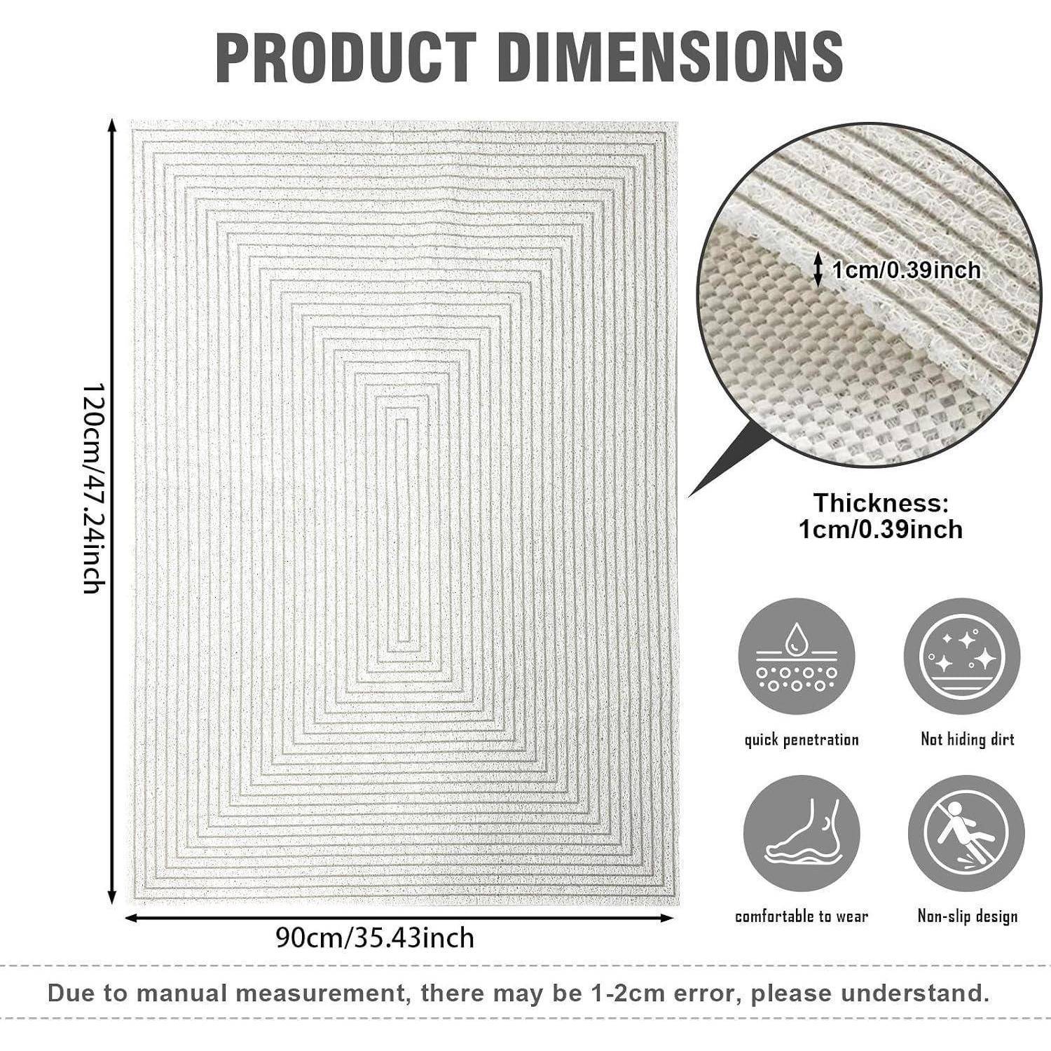 Produktabmessungen-Diagramm mit einer rechteckigen Matte, 120 cm x 90 cm und 1 cm dick, mit Symbolen für schnelle Durchdringung, Schmutzbeständigkeit, Komfort und rutschfestem Design.