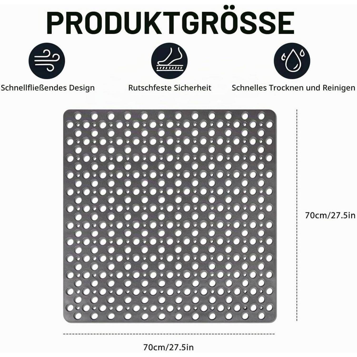 Größendiagramm eines quadratischen Lochmattenprodukts mit Abmessungen von 70 cm x 70 cm (27,5 Zoll x 27,5 Zoll) und Symbolen für schnelle Drainage, rutschfest und schnelltrocknend reinigen.