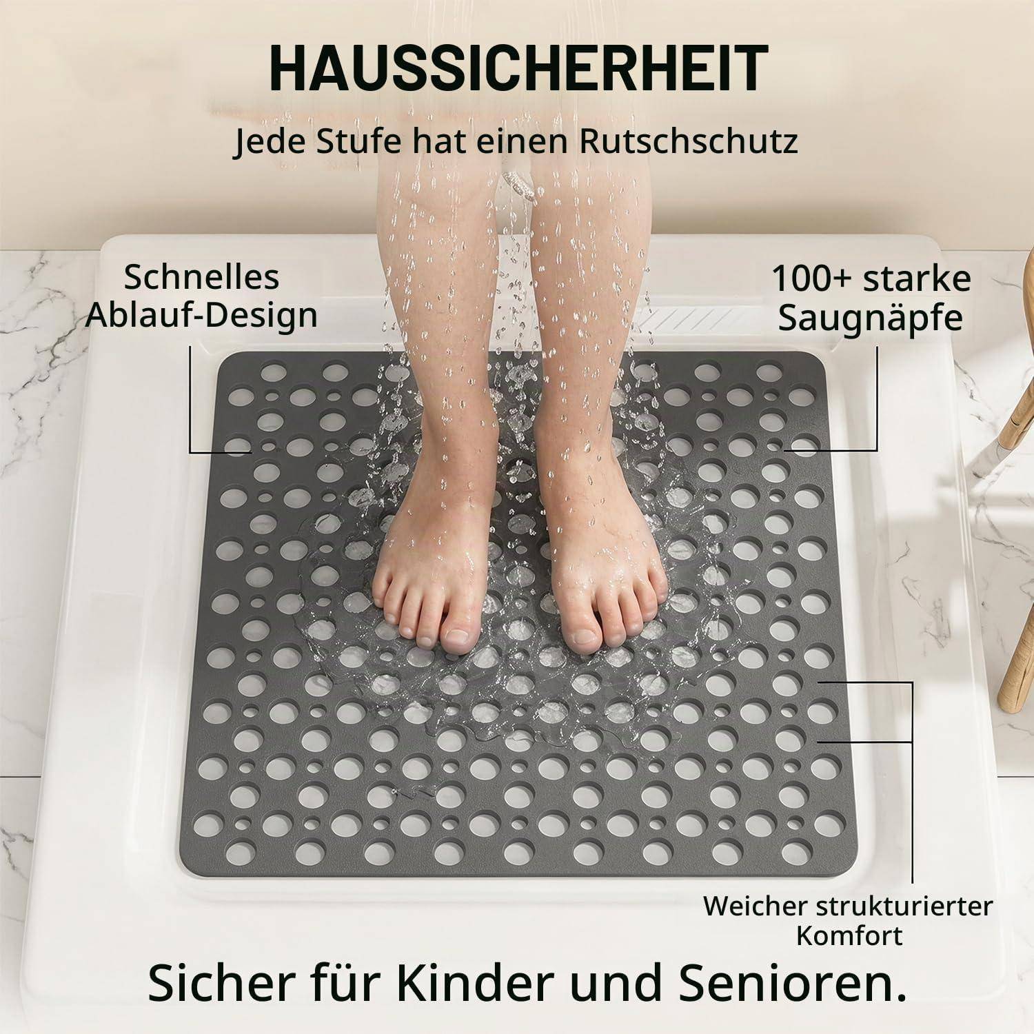 Duschmatte 70x70 cm TPE rutschfest mit Saugnäpfen & Ablauflöchern