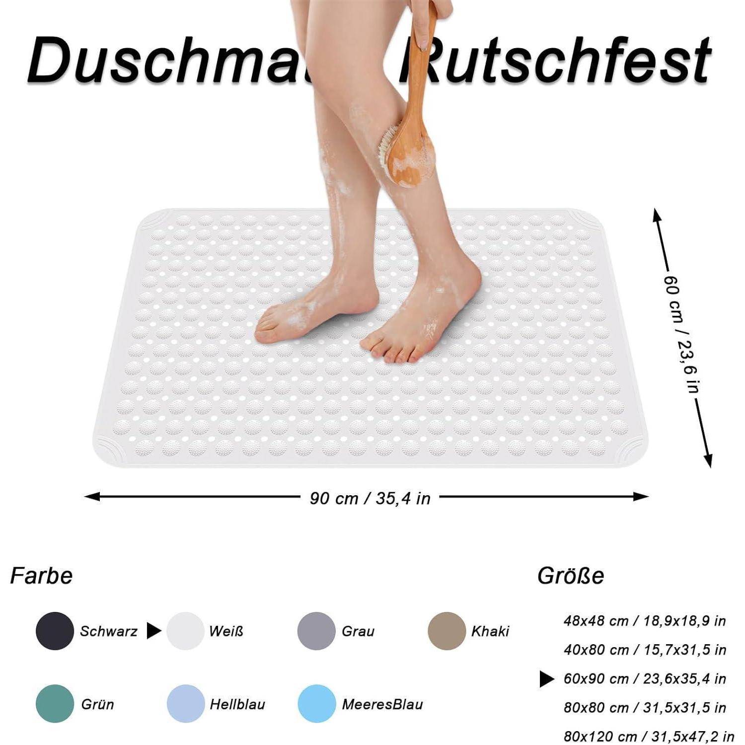 Produktbild einer rutschfesten Badematte für Dusche und Badewanne mit strukturierter Oberfläche; mit den Maßen 90 x 60 cm gekennzeichnet, erhältlich in Schwarz, Weiß, Grau, Khaki, Grün, Hellblau und Meeresblau.