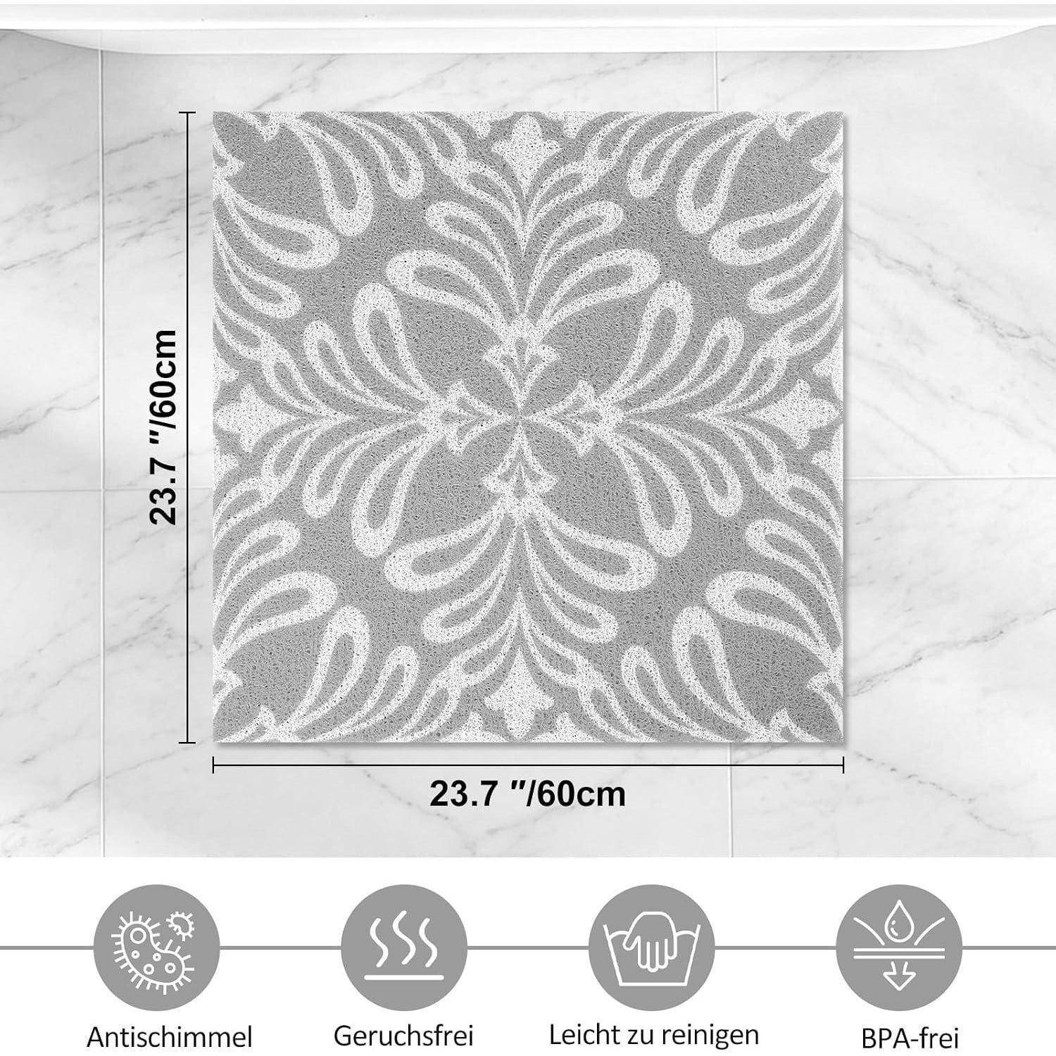 Quadratische grau-weiß gemusterte Matte oder Teppich, mit der Bezeichnung 23,7 Zoll/60 cm x 23,7 Zoll/60 cm, mit Symbolen für schimmelresistent, geruchsfrei, leicht zu reinigen und BPA-frei.