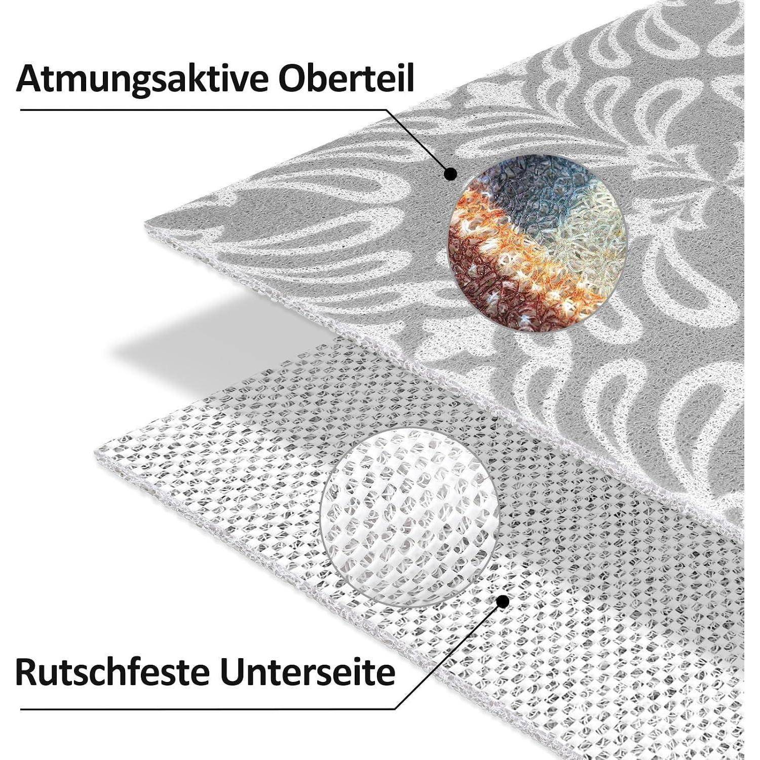 Diagramm einer Stoffmatte mit einer atmungsaktiven Oberseite und einer rutschfesten Unterseite, mit kreisförmigen Nahaufnahmen, die die Oberflächenstruktur jedes Materials hervorheben.