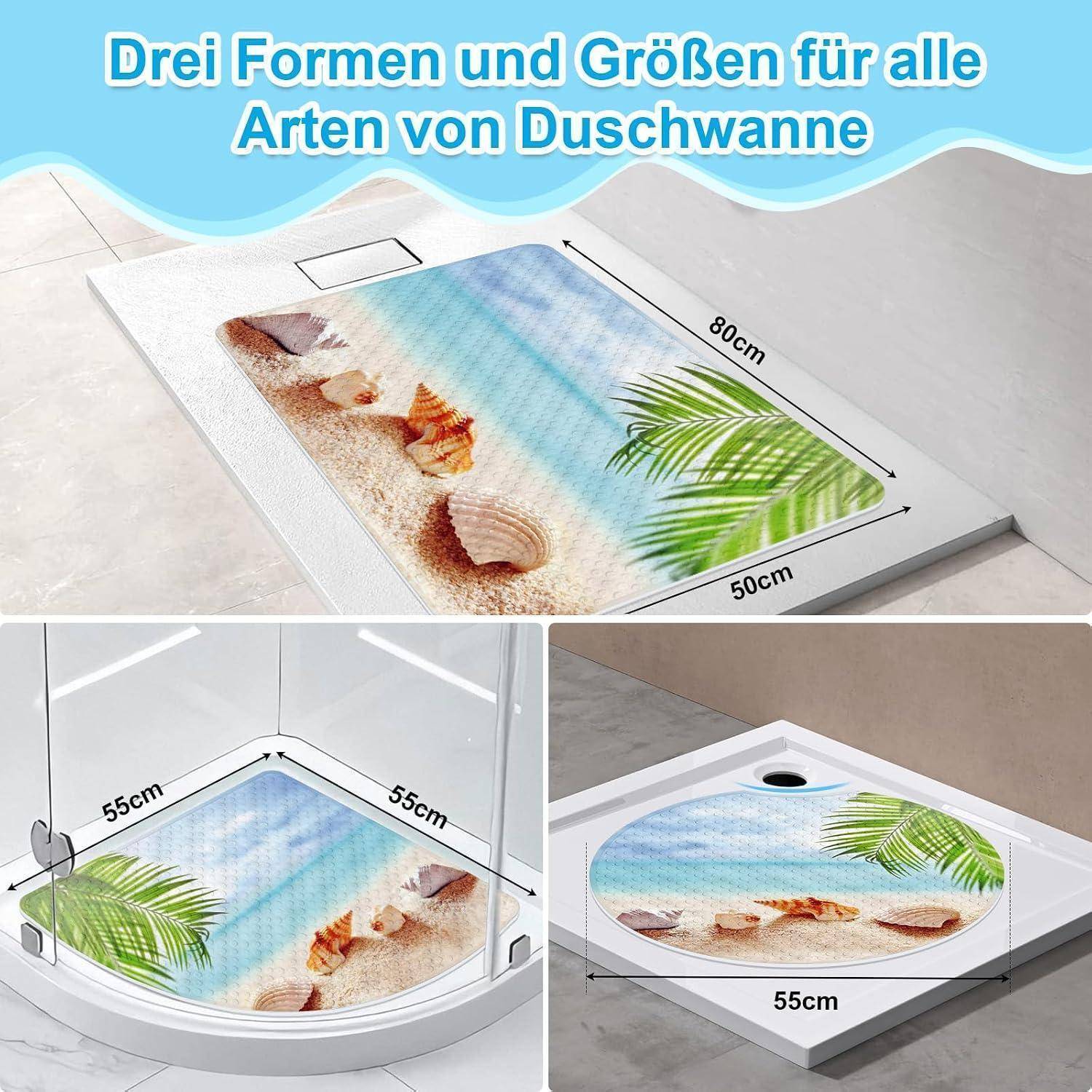 Die Anzeige zeigt drei Duschmatten in verschiedenen Formen und Größen für alle Duschtypen: rechteckig 80 x 50 cm, Eckausführung und rund 55 cm.