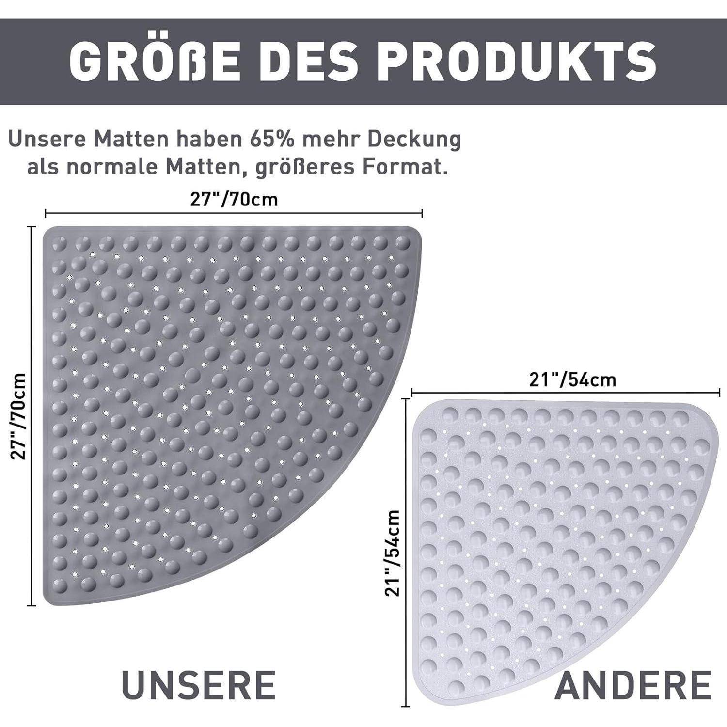 Vergleichsgrafik mit Mattengröße: „Unsere Matten bieten 65% mehr Abdeckung als normale Matten, größere Form.