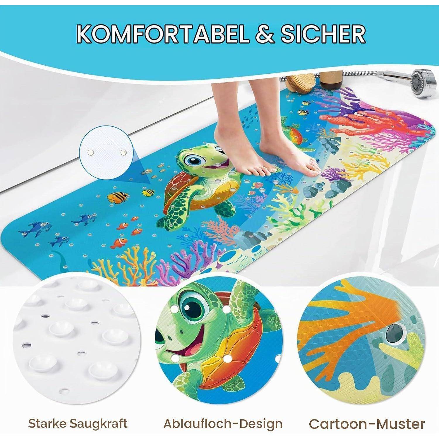 Farbenfrohe rutschfeste Badmatte mit Schildkröten-Cartoon und Ablaufloch-Design; deutscher Text sagt „KOMFORTABEL & SICHER" und „Starke Saugkraft"", „Ablaufloch-Design"", „Cartoon-Muster"".