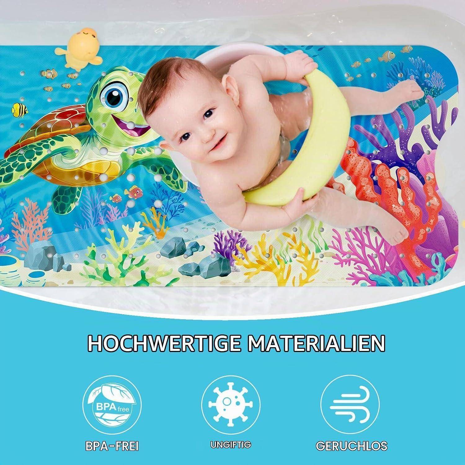 Baby in einer bunten aufblasbaren Badewannenschwimmer neben einer Cartoon-Schildkröte; Text darunter liest sich "HOCHWERTIGE MATERIALIEN"" mit BPA-frei, ungiftig, geruchlos Symbolen.