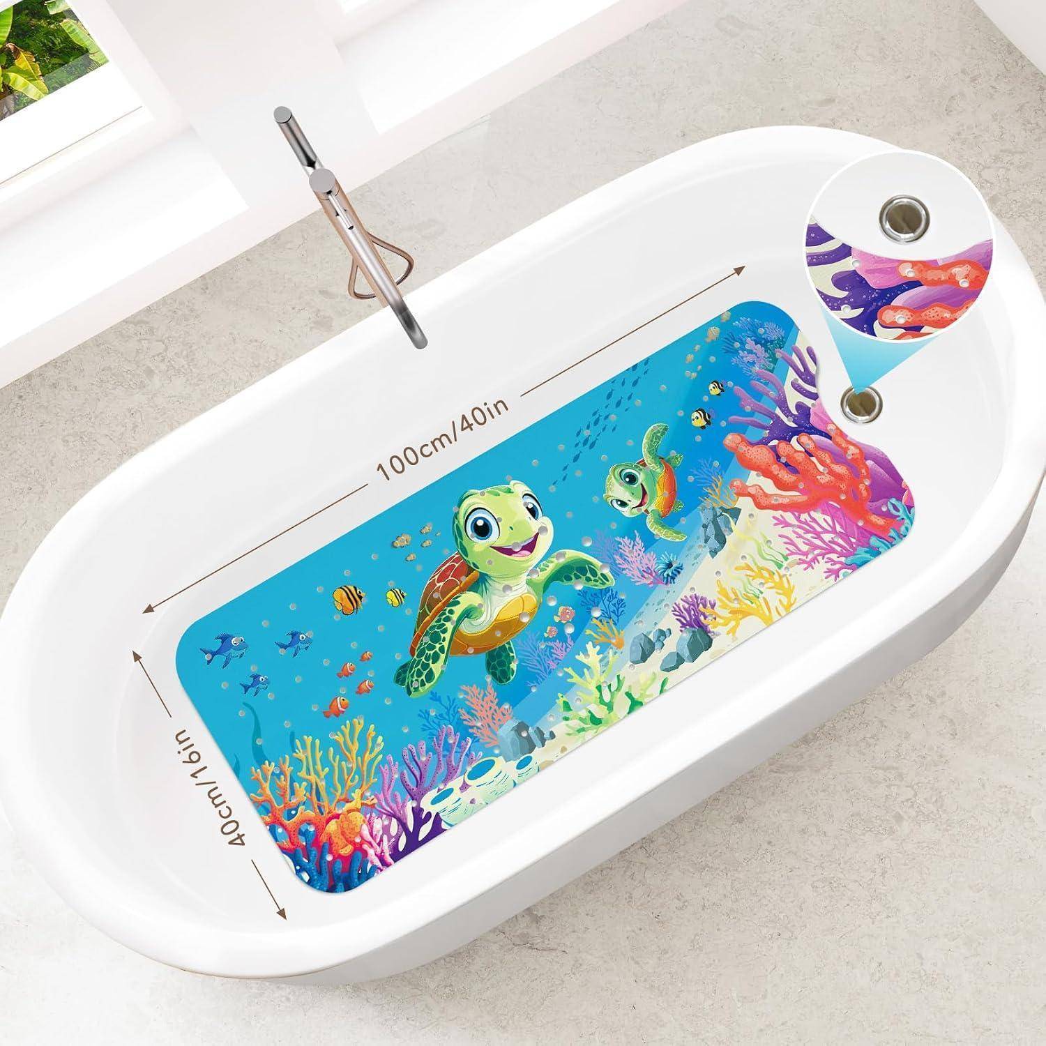 Badewanne mit rutschfestem Unterwasser-Thema-Matte mit Schildkröten, Fischen und Korallen; gekennzeichnet mit 100 cm/40 Zoll mal 40 cm/16 Zoll.