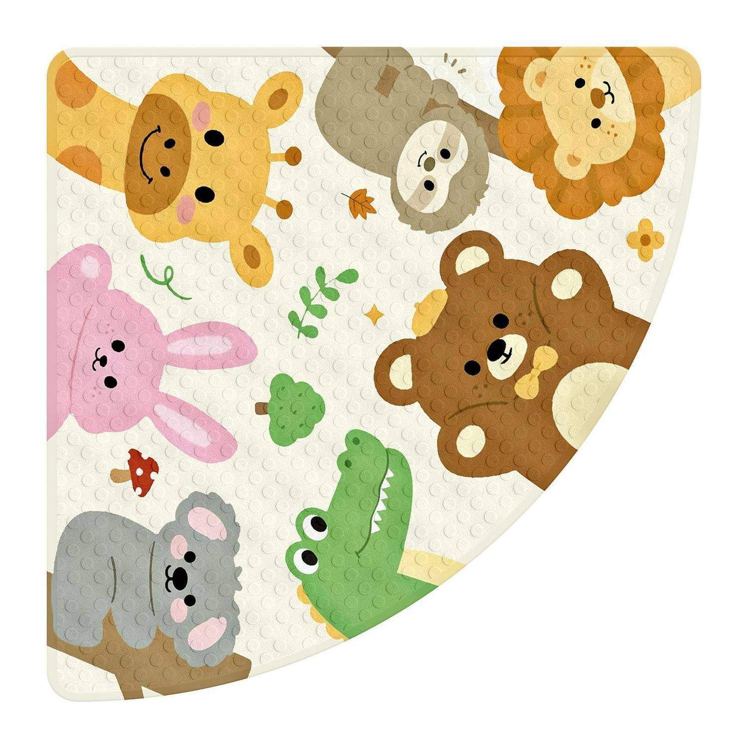 Rundes Puzzle mit niedlichen Tiergesichtern: Bär, Löwe, Giraffe, Elefant, Hase und Krokodil auf cremefarbenem Hintergrund.