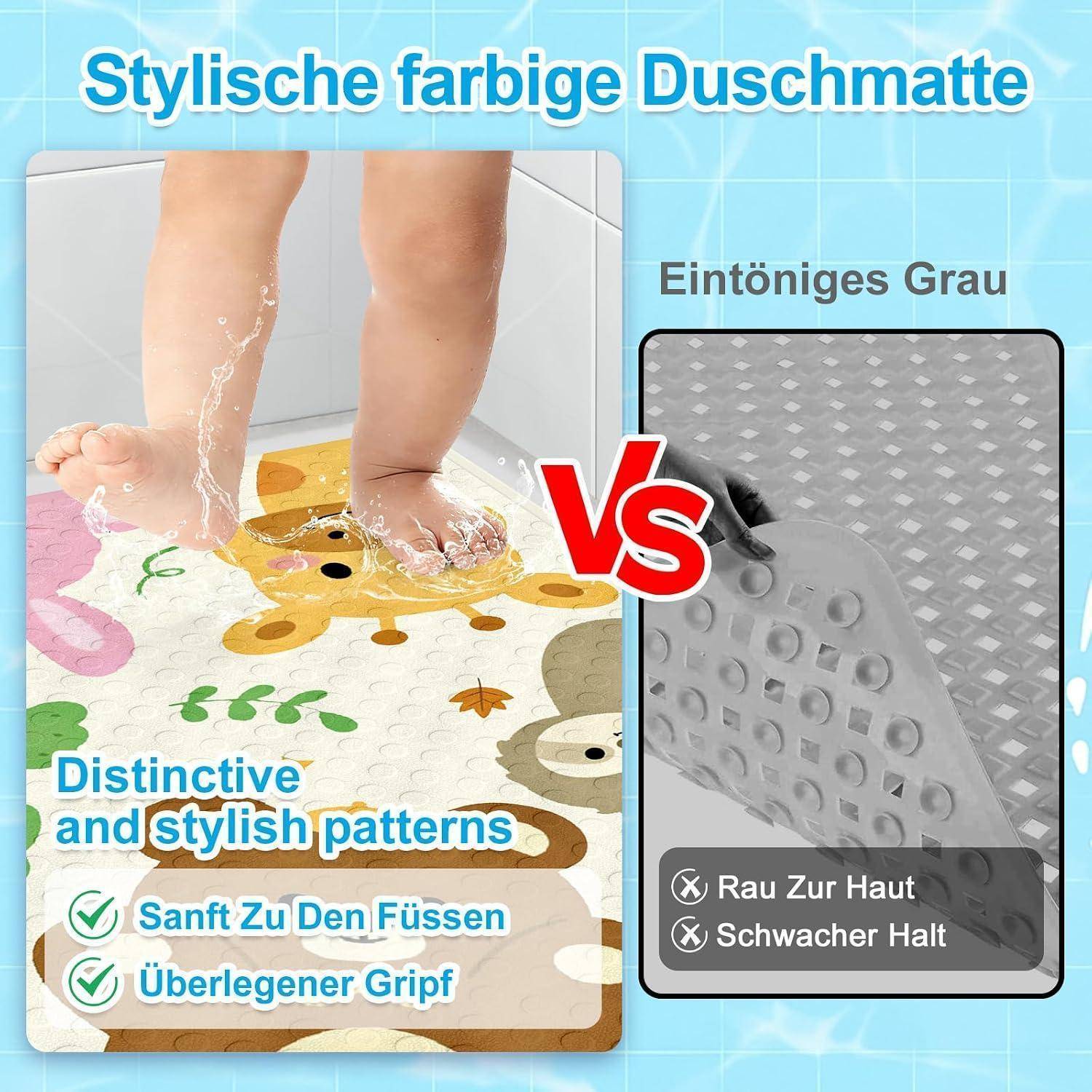 Anzeige zum Vergleich einer farbenfrohen gemusterten Badematte mit einer schlichten grauen Matte: Die gemusterte Matte bietet ein sanftes Gefühl und besseren Halt, während die graue Matte eine raue Textur und schwachen Halt hat.