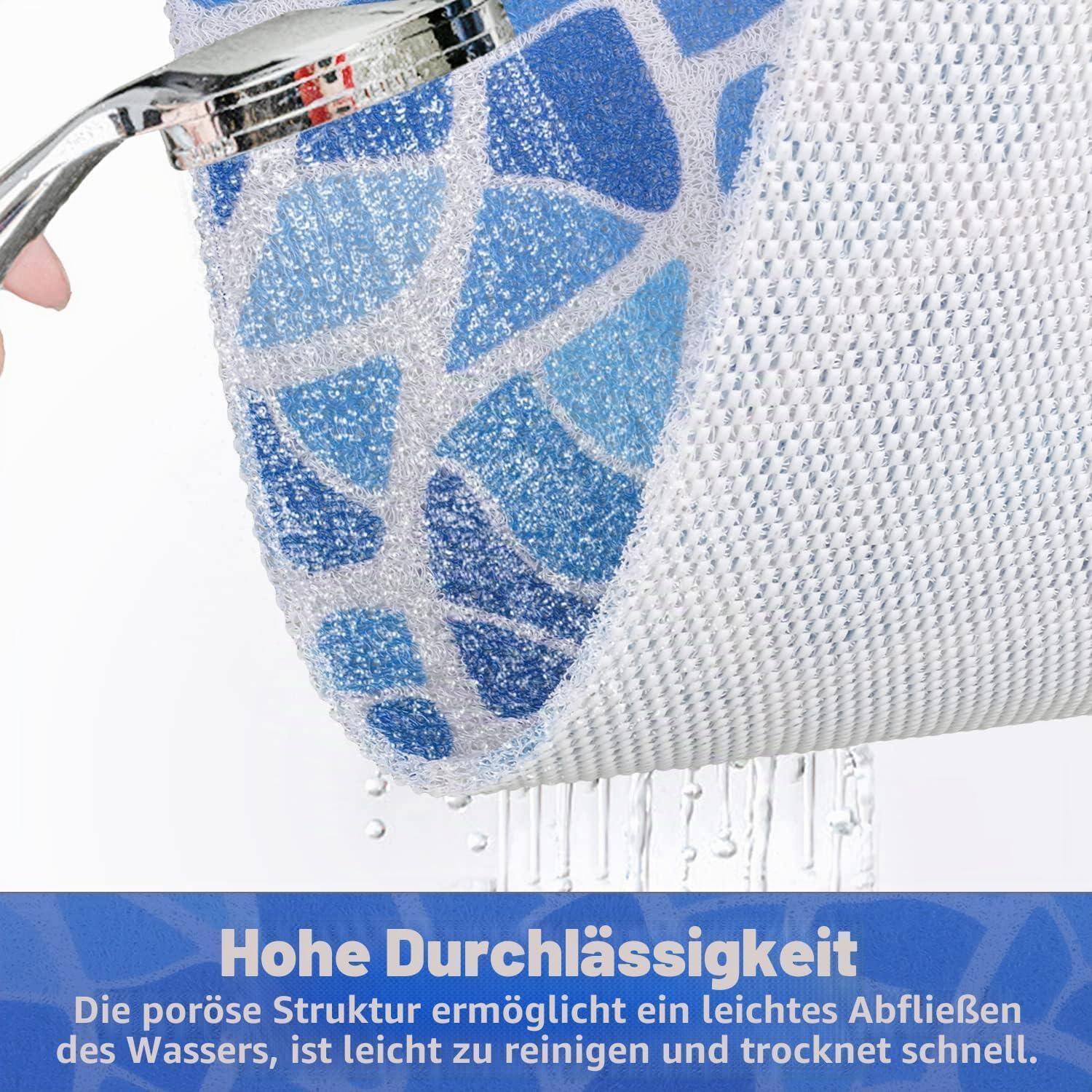 Nahaufnahme eines blau-weißen porösen Stoffkorbs, der mit Wasser gespült wird; deutscher Text besagt, dass er hohe Durchlässigkeit hat, leicht ablauft, leicht zu reinigen ist und schnell trocknet.