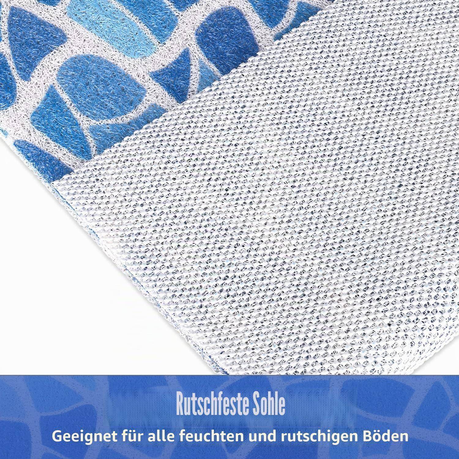 Nahaufnahme einer blau-weißen rutschfesten Schuhsohle mit strukturierter Grifffläche; der Text besagt „Rutschfeste Sohle