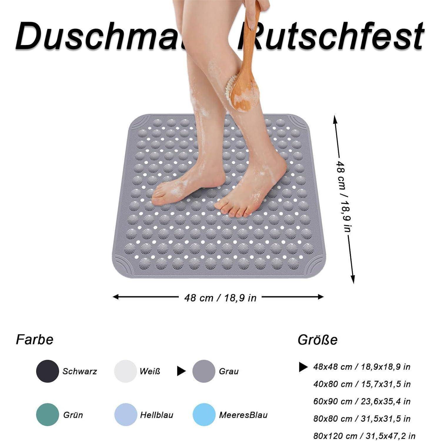 Quadratische graue rutschfeste Badewannenmatte mit Saugnapfnöpfen; zeigt die Größe von 48 cm x 48 cm und Farboptionen auf Deutsch an.